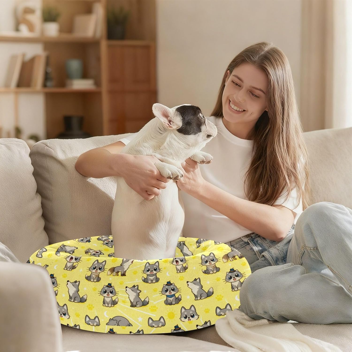 Pet Dog Bed Donut Cuddler Fluffy Cat Pillow Bed for Medium Size Pets Sleeping M Cute Wolves