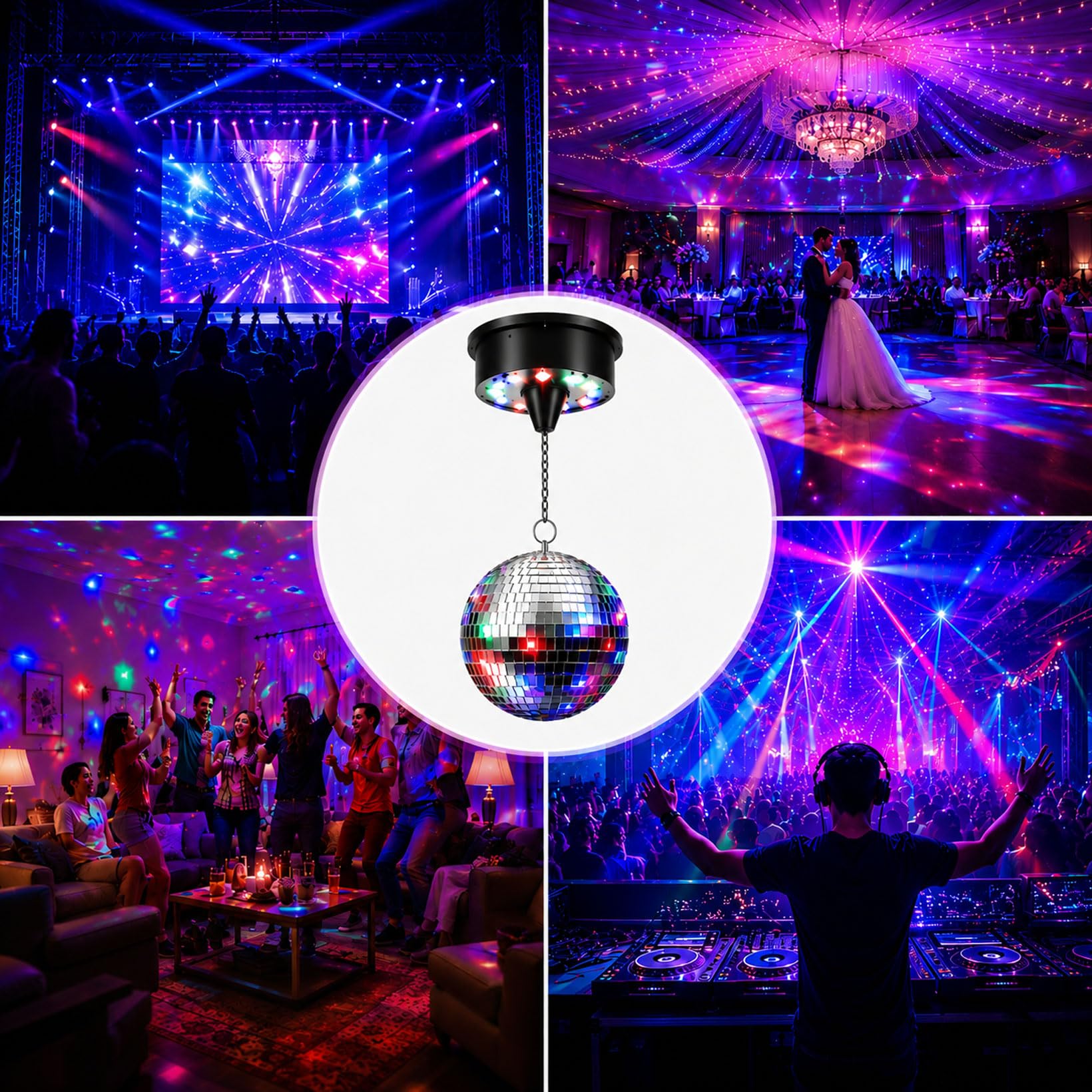 Discokugel mit Motor und Licht, Spiegelkugel mit Rotierender Motor und Fernbedienung mit 6 Tasten, 15cm Discokugel mit 4 Bunten Lichtern-18 LED-Perlen für Party-Dekoration Band Bar