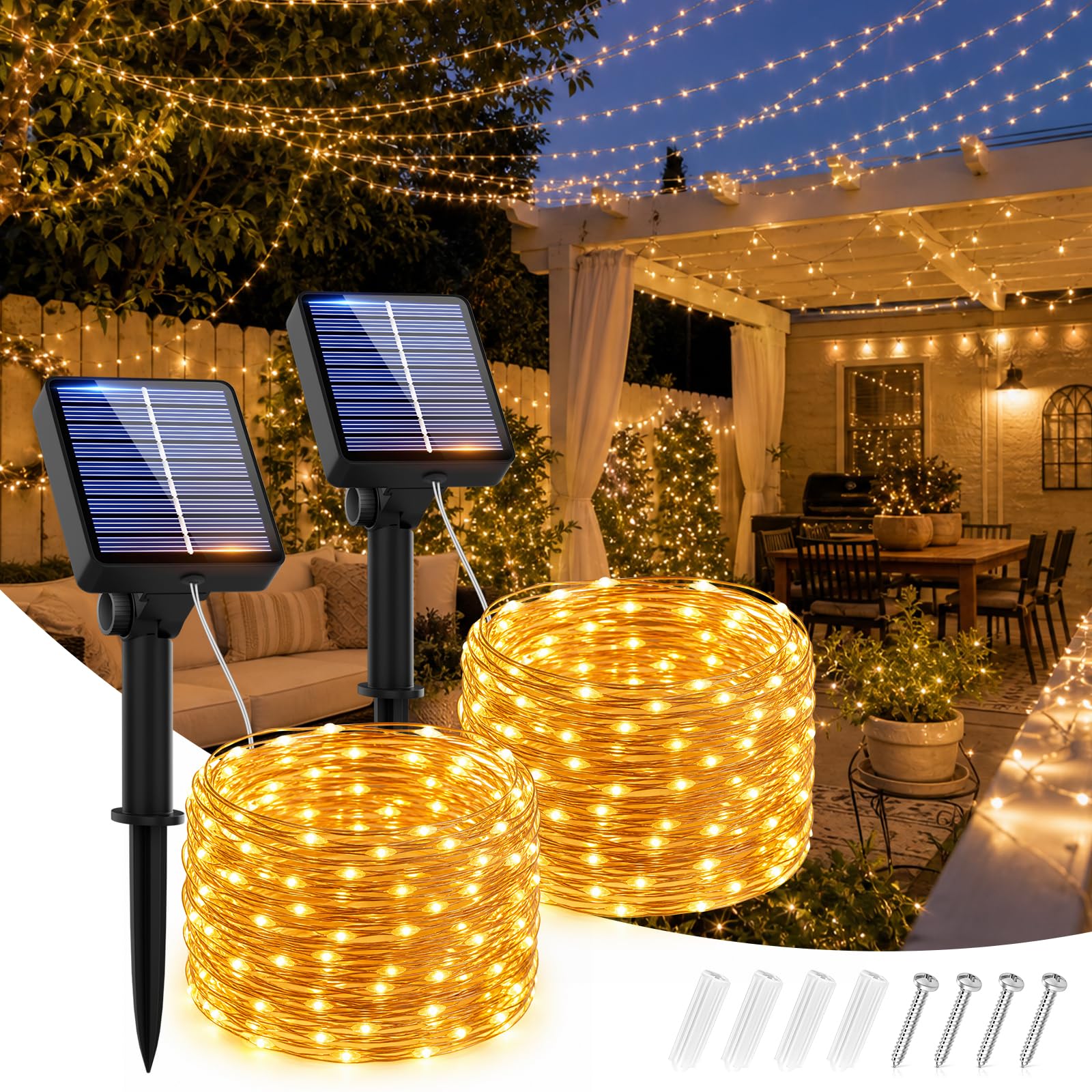 Hoteril 2 Stück Solar Lichterkette Aussen, 15+2 M 150 LED Lichterketten Solar Draußen 8 Modi IP65 Wasserdicht Solarlichterkette Außen Wetterfest mit Speicherfunktion für Zaun Garten Balkon Deko Beleuchtung