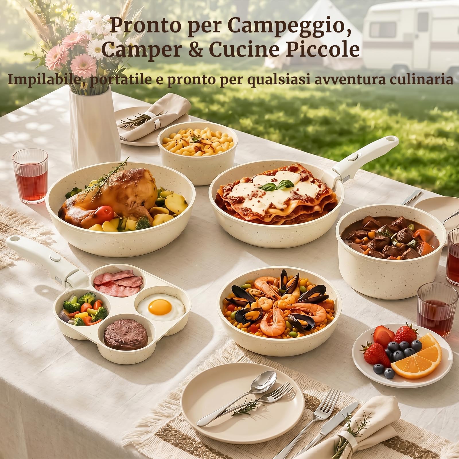 YASHE 20 Pezzi Batteria di Pentole con Manico Rimovibile, Forno/Induzione | Set Pentole e Padelle Antiaderenti in Granito, Senza PFOA, Impilabili, Salvaspazio per Camper e Monolocali
