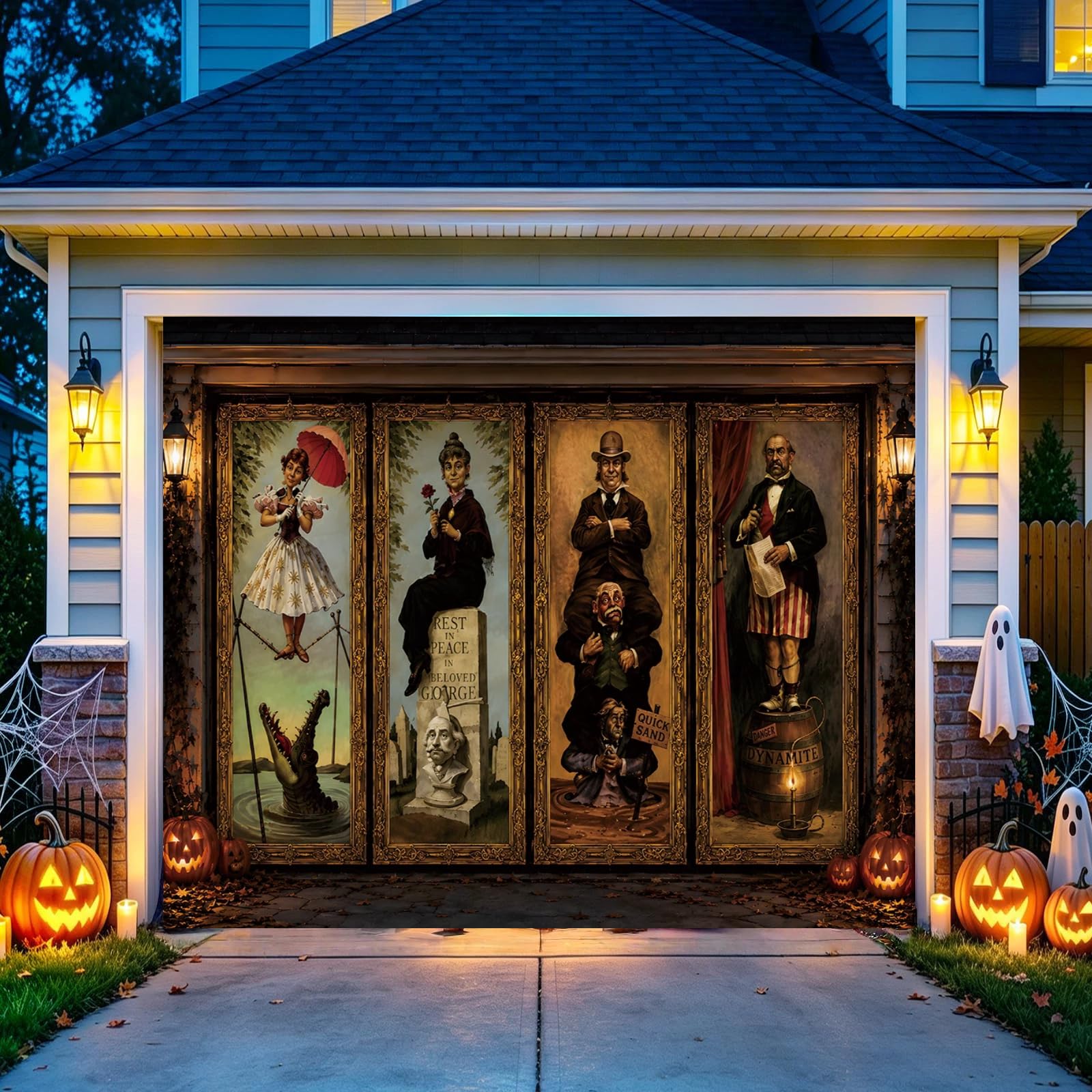 Halloween Garage Door Banner, Haunted Mansion Portrait Design Garage Door Cover, Gothic Ghost House Outdoor Decoration, Large Spooky Banner for Halloween Party Yard Decor