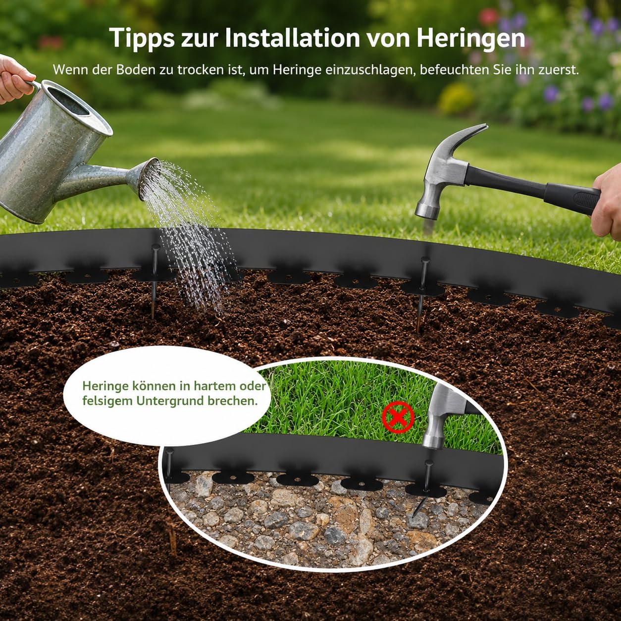 Rasenkante 10 m aus Kunststoff – Flexible Beeteinfassung & Gartenkante mit 35 Erdspießen, 5 cm hoch, schwarz – Für Beetumrandung, Mähkante, Rasenkante & Beetabgrenzung – Ohne Graben