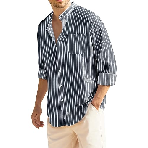 COOFANDY Men's Casual Cotton Linen Button Down Shirts Band Collar Long Sleeve Shirt Beach Summer Shirt with Pocket