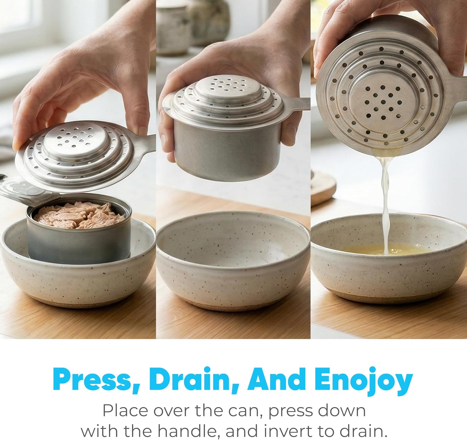 Universal Can Strainer | Food Grade Stainless Steel Can Colander with Handle | Canned Food Strainer| Tuna Press | Food Tin Strainer for Large & Small | Canning Colander Dishwasher Safe
