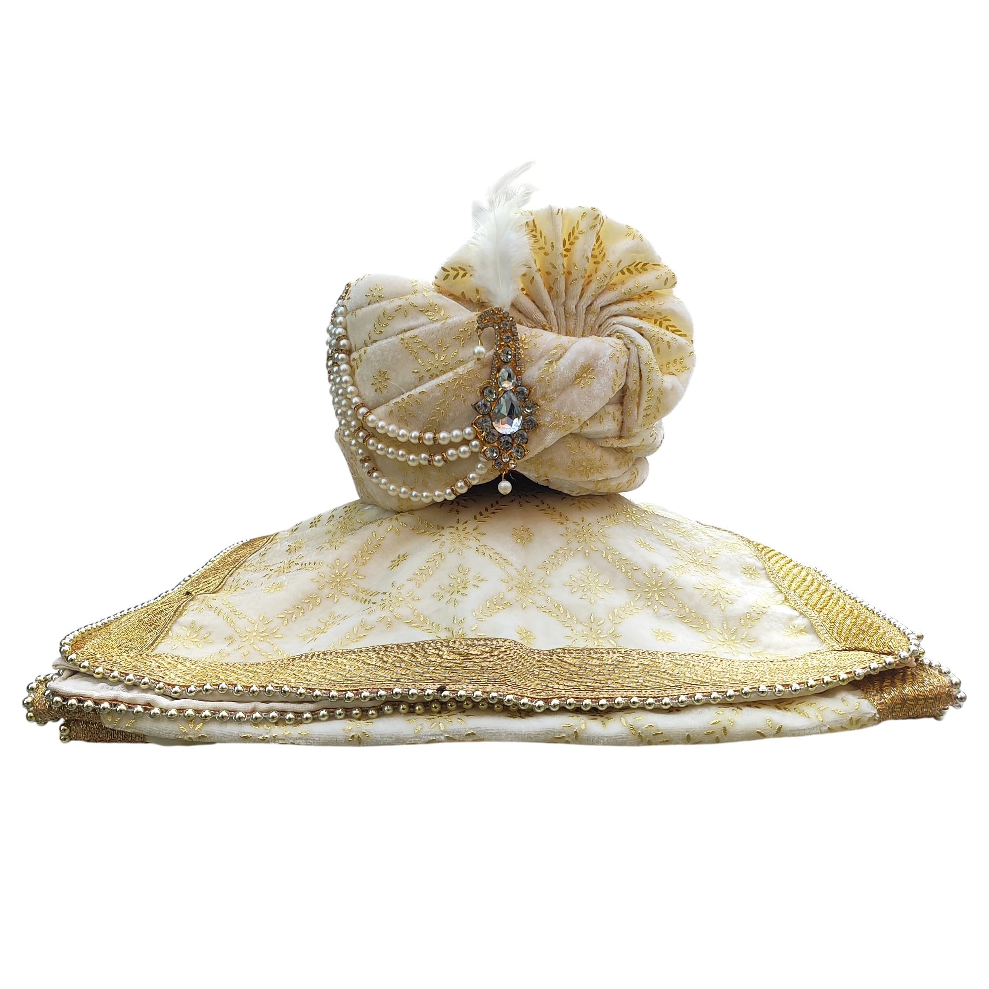 Men Groom's Safa Stole Set, Traditional Dulha Safa Pagri with Stole/Dupatta, Off-white Colour (Pagdi Size: 22 to 22.5 Inch)