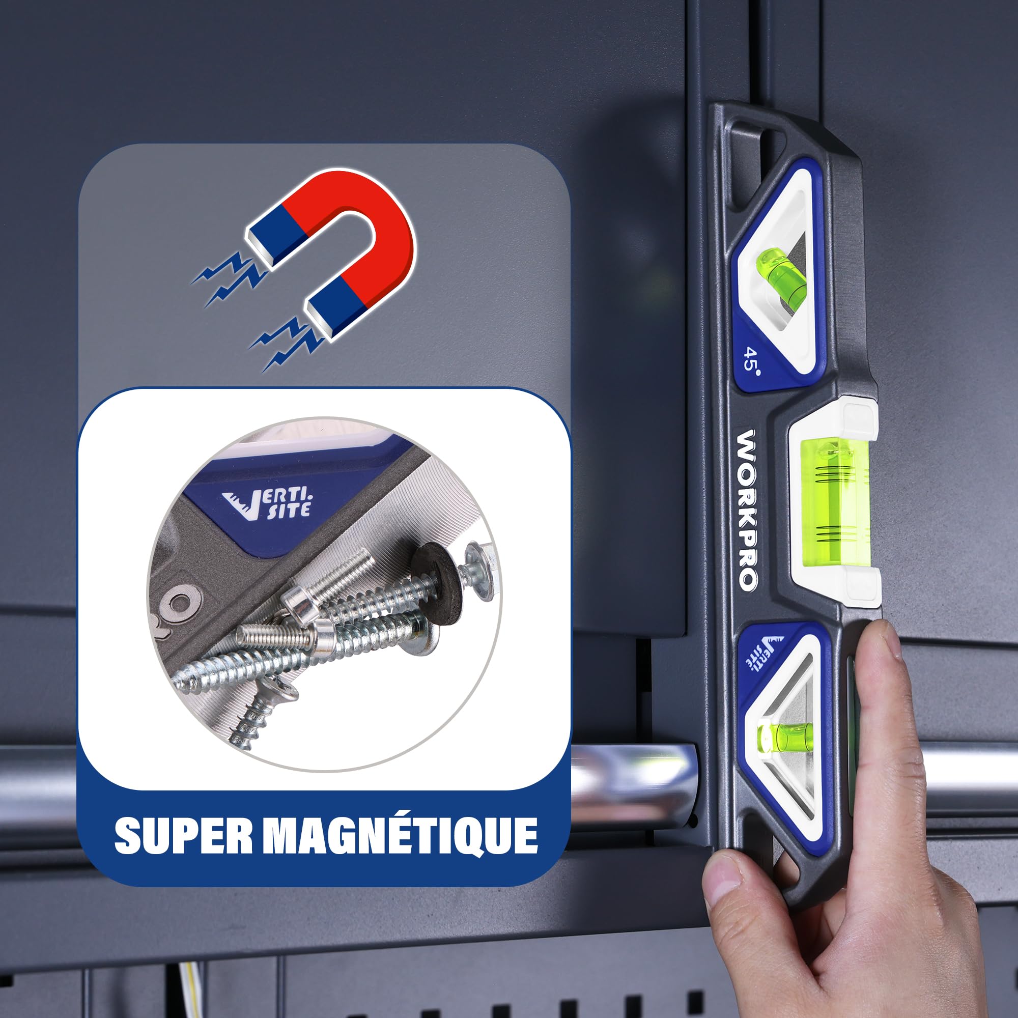WORKPRO Niveau Torpédo Magnétique en Alliage d’Aluminium 25 cm | 3 Fioles 45°/90°/180°, Précision 0,5 mm/m, Fioles à Double Lecture Brevetées