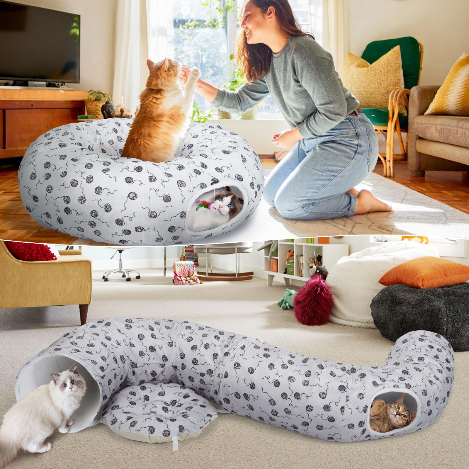 Ownpets Lit tunnel 3 en 1 pour chat avec tapis central, 30 cm, jouet en forme de beignet, matériau en peluche douce, forme de pleine lune pour chaton, chat, chiot, lapin, furet, gris