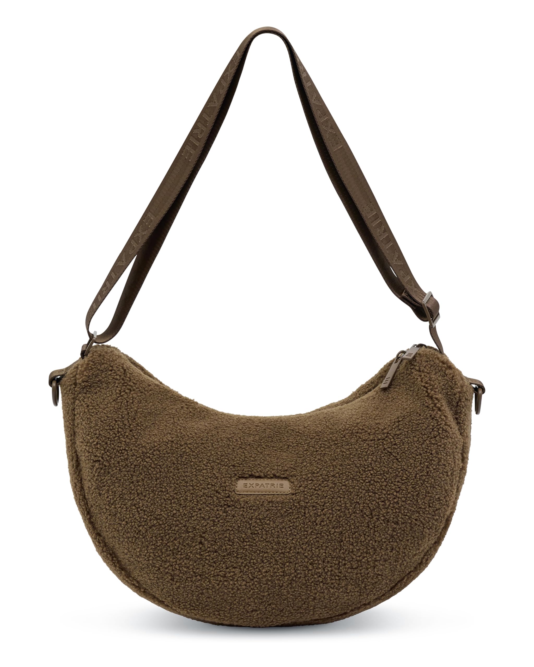 Expatrié Moon Bag Damen - Leni - Weiche Teddy Crossbody Bag - Umhängetasche im Halbmond Style - Mit verstellbarem Gurt und D-Ringen zur Befestigung am Kinderwagen