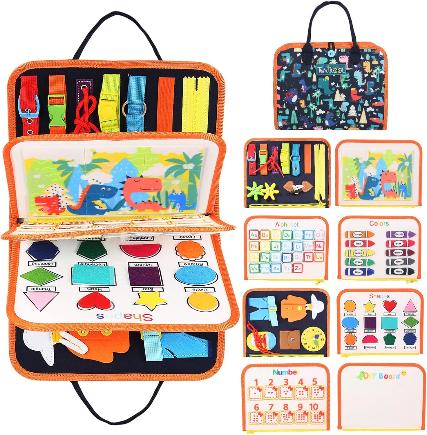 TUNJILOOL Busy Board Toddler, 5 Capas Juguete Montessori para 1 2 3 Años, Tablero Actividades Sensorial para el Aprendizaje Preescolar de la Motricidad Fina, Juguetes de Viaje para Niños Niñas (Azul)