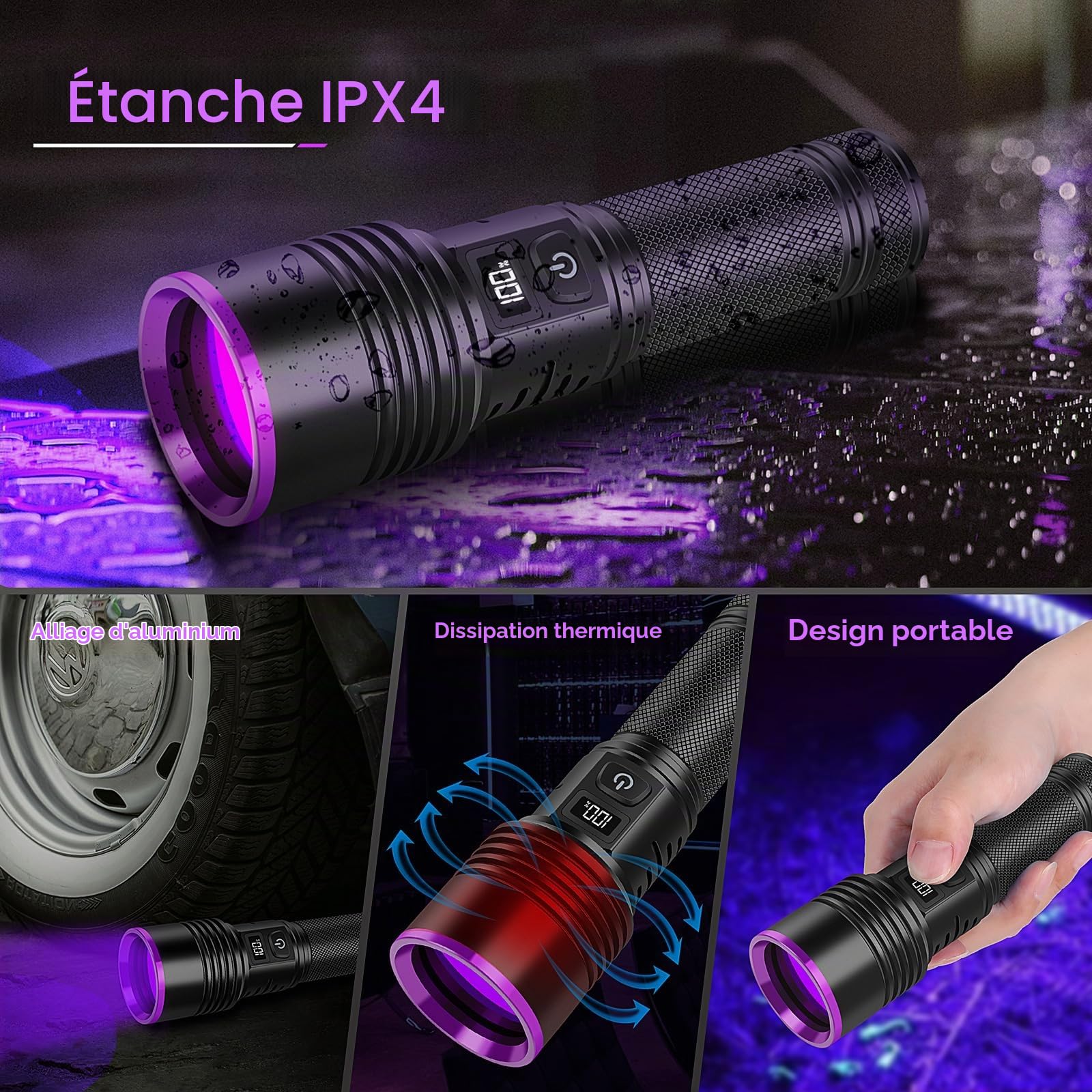 WINDFIRE Lampe Torche UV 365nm Lumière Noire, Rechargeable 30W LED Lampe UV avec écran LCD, Puissante Ultraviolet Lampe de Poche pour Détection d'urine d'animaux domestique, Durcissement de la résine
