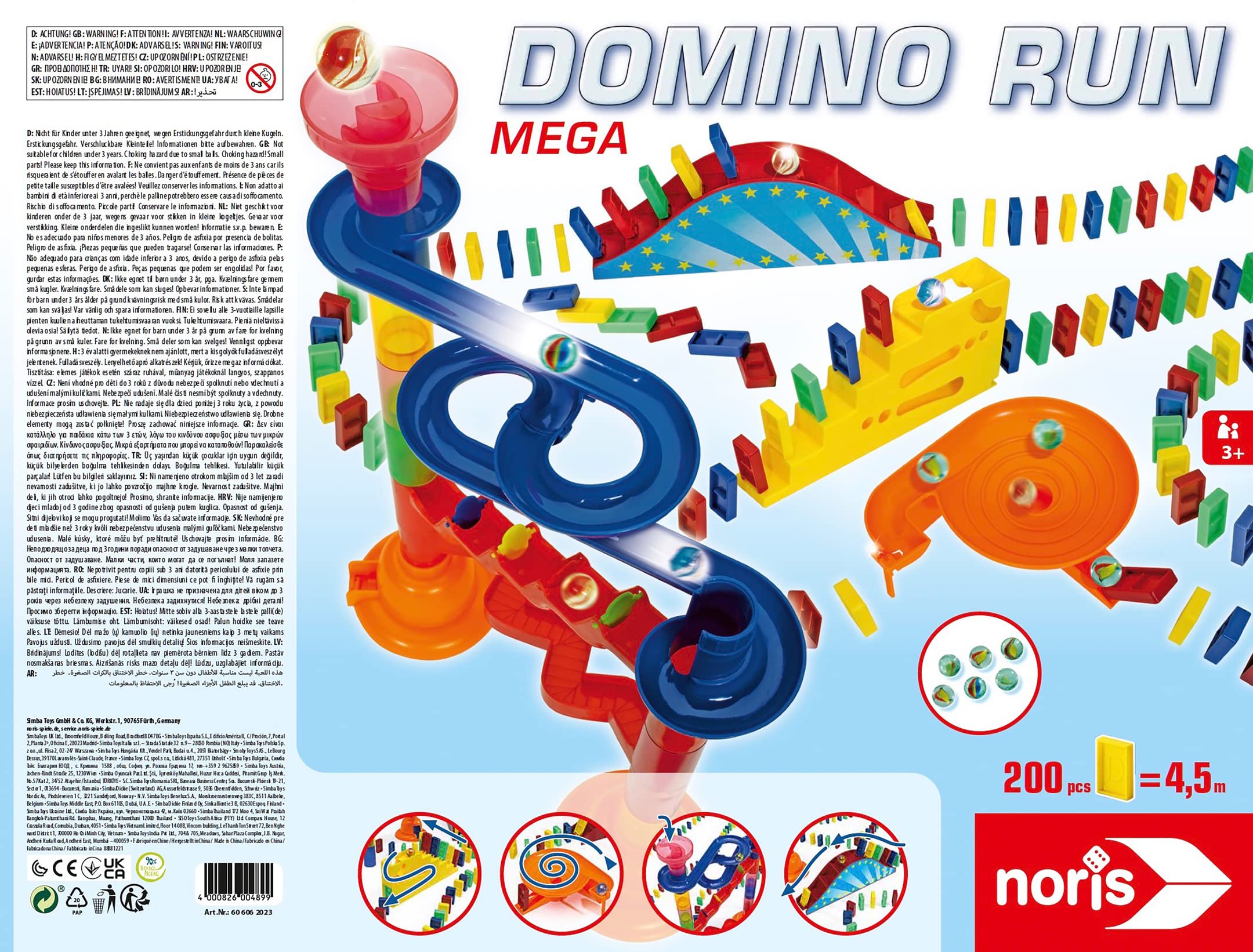 Noris 606062023 Domino Run Mega - Set de 200 Pierres, Billes, Piste à Billes et Autres Accessoires, dès 3 Ans