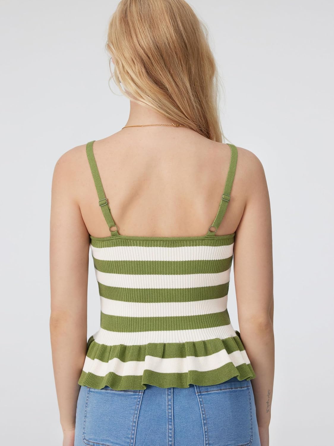 CIDER Striped Crop Tank Tops for Women Sleeveless Square Neck Ruffle Knit Peplum Tops Summer Vacation Outfits - Image 4