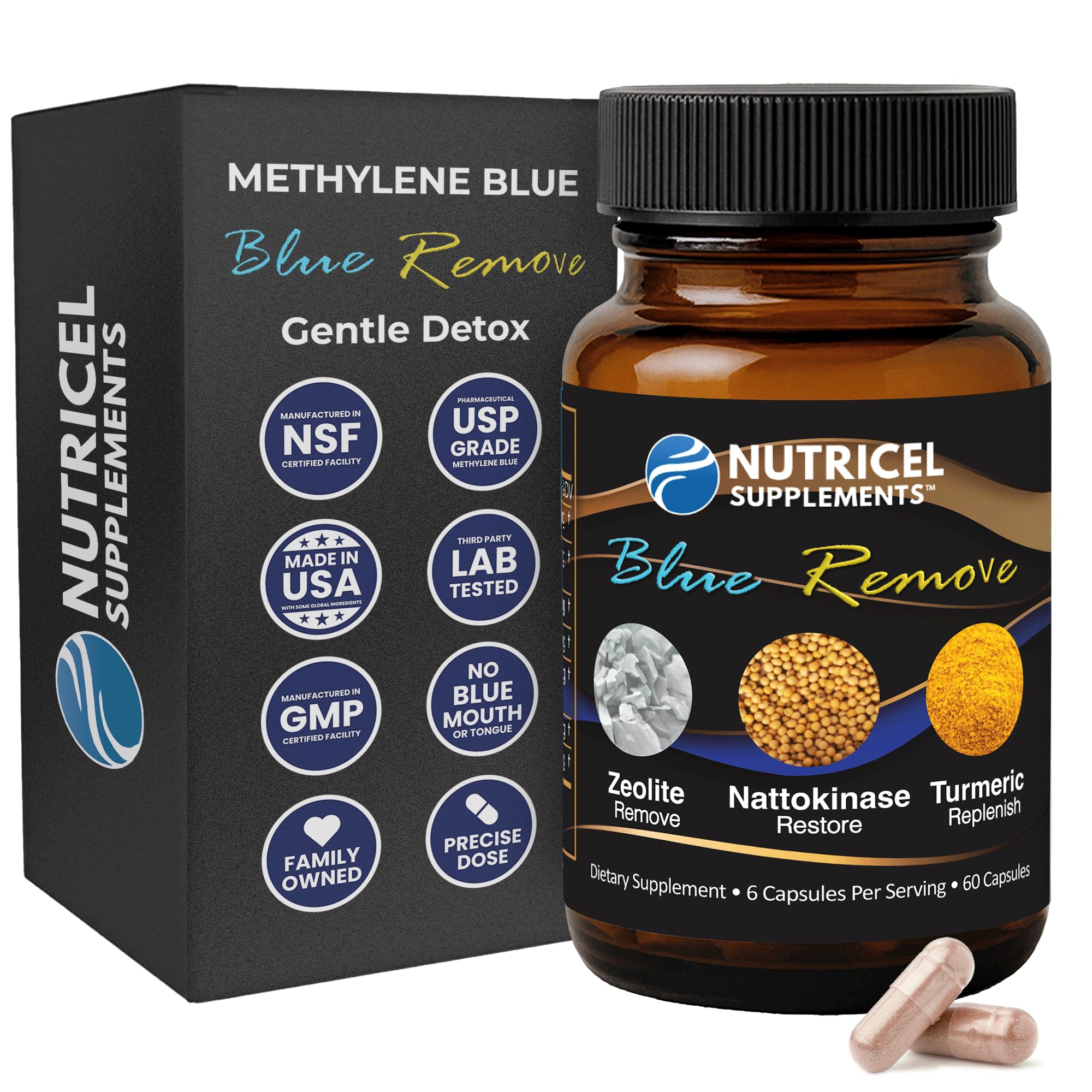 Nutricel Blue Remove - USP Grade Methylene Blue 60 Capsules with Micronized Zeolite, Nattokinase (Non-GMO), Turmeric, Bromelain, and NAC - Trusted Made in America Brand
