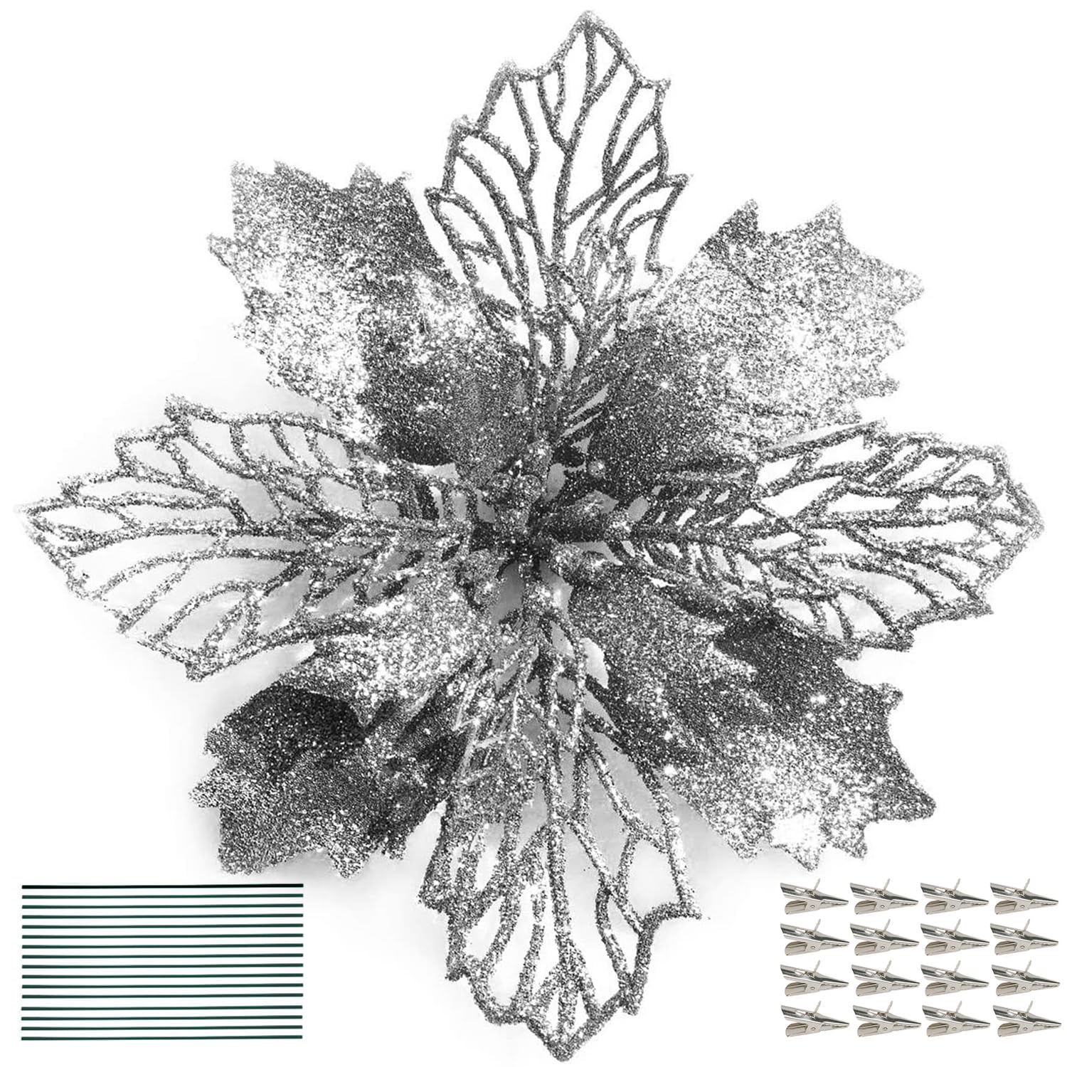 DWTECH 16 Pack Christmas Poinsettia Flowers with 16 Peduncles & 16 Clips,16cm/6.3 inch Artificial Flowers Glitter Poinsettia Christmas Wreath and Tree Ornaments for Christmas Decorations(Silver)