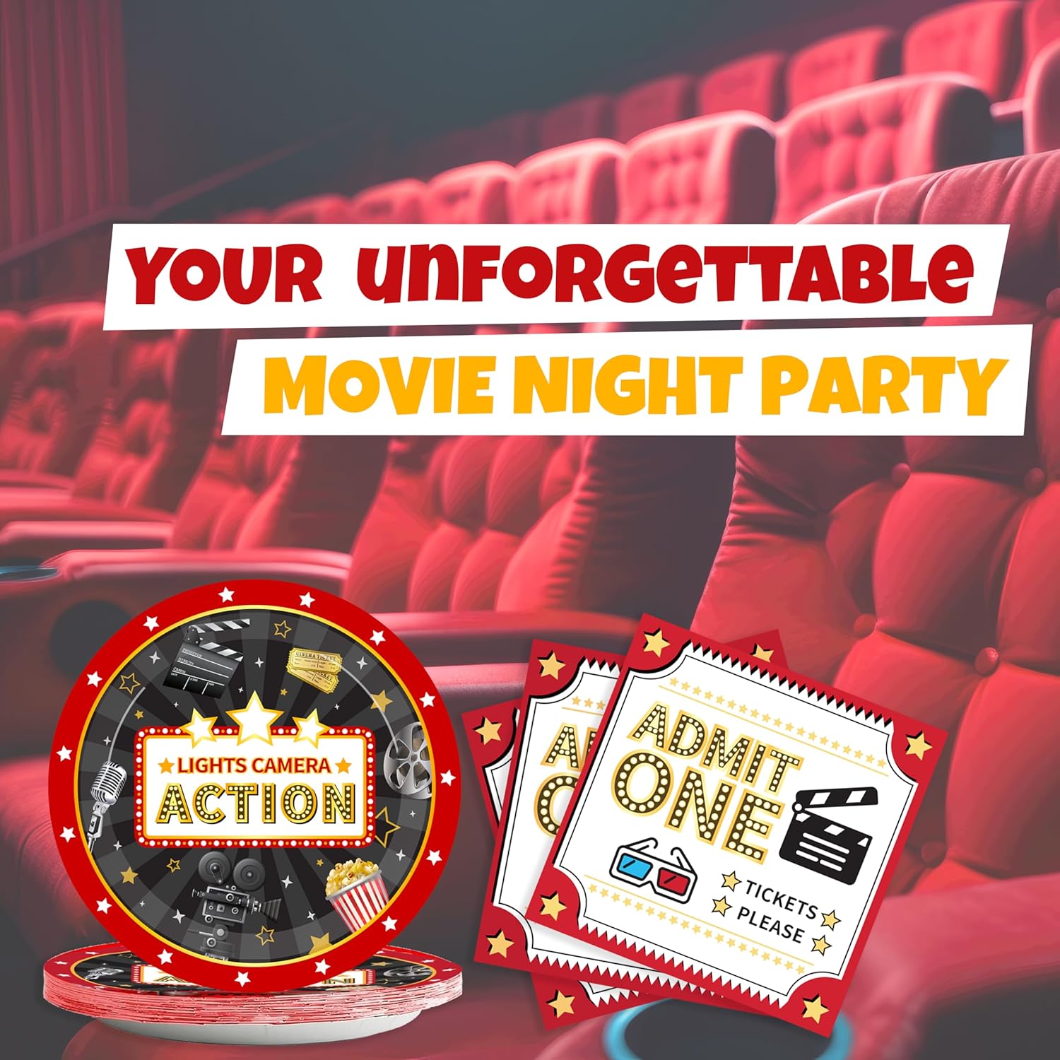 Movie Night Plates and Napkins Party Supplies (100 Pcs) Movie Night Paper Plates, Movie Party Napkins, Movie Theater Oscar Film Cinema Birthday Plates, Hollywood Theme Party Decorations, 25 Serves