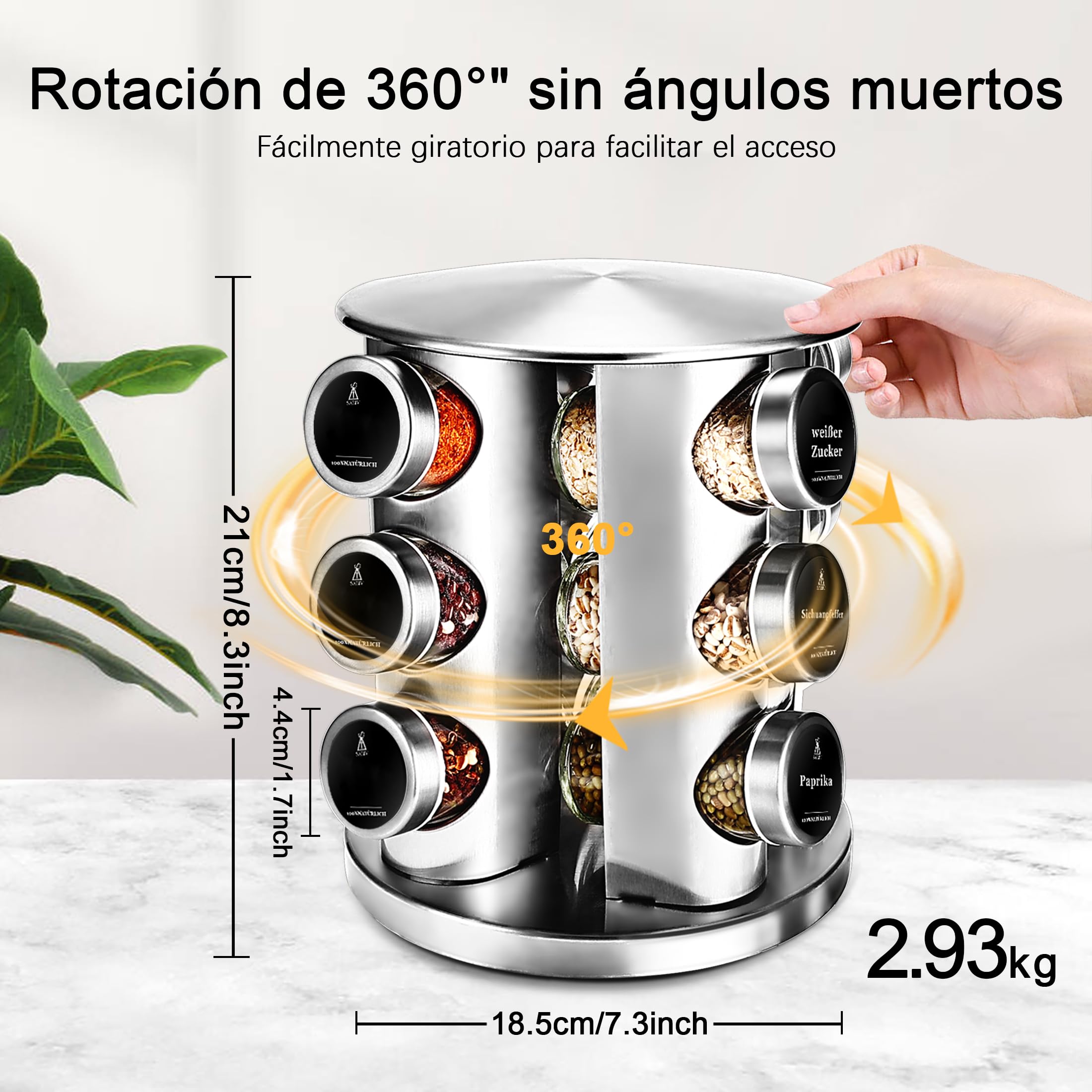 Estante giratorio para especias de 360° con 12 tarros de cristal (100 ml), organizador de especias con tapas de acero inoxidable, soporte giratorio para especias para encimeras y cajones de cocina