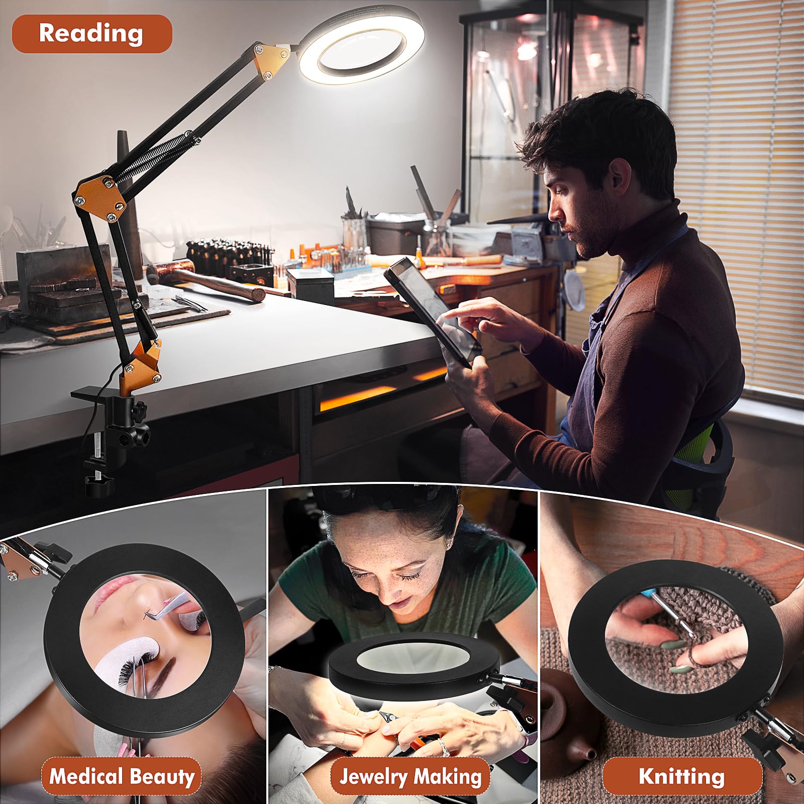 10X Magnifying Glass with Light and Clamp, 4.3'' Real Glass Lens LED Lighted Magnifier, 5 Color Modes Stepless Dimmable Adjustable Swing Arm Desk Lamp Hands Free for Crafts Reading Sewing Close Work - Image 7
