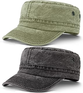 2 Pieces Cadet Army Caps Military Flat Top Cap Washed Military Unisex Cadet Cap (Army Green, Black)