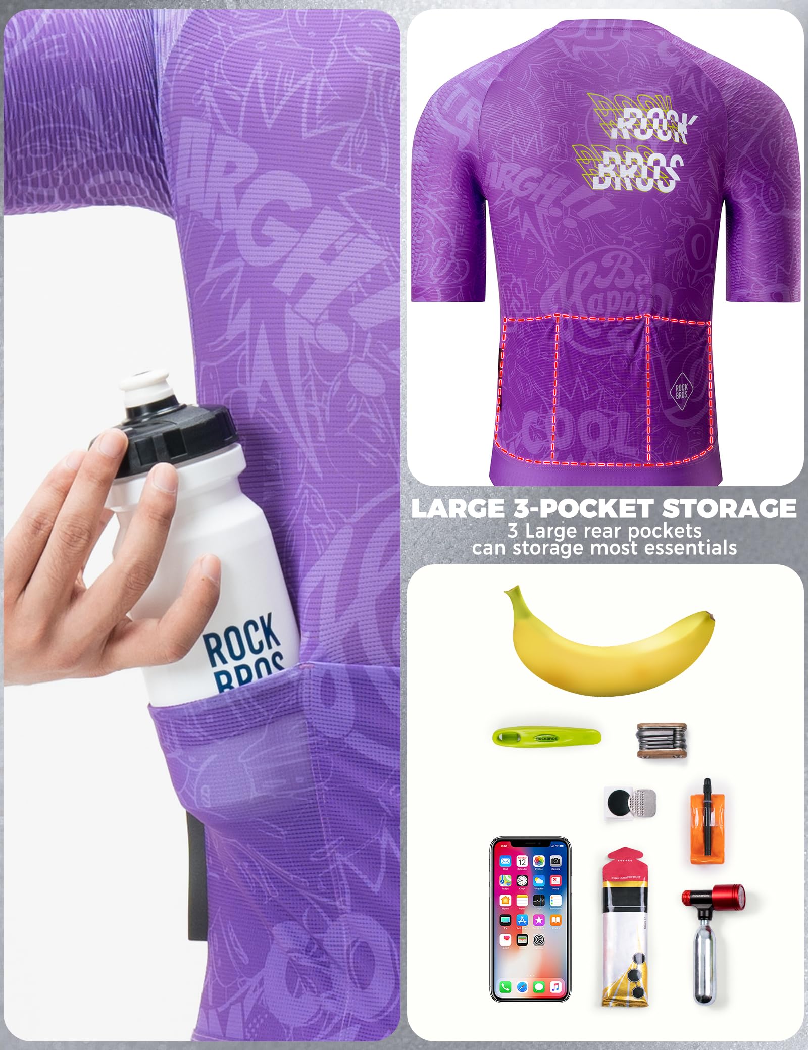 ROCKBROS Maillot Vélo Homme Manches Courtes, Maillot de Cyclisme avec Fermeture Zippée et 3 Poches Arrière, pour Été Route, VTT et Activités Outdoor S-XL