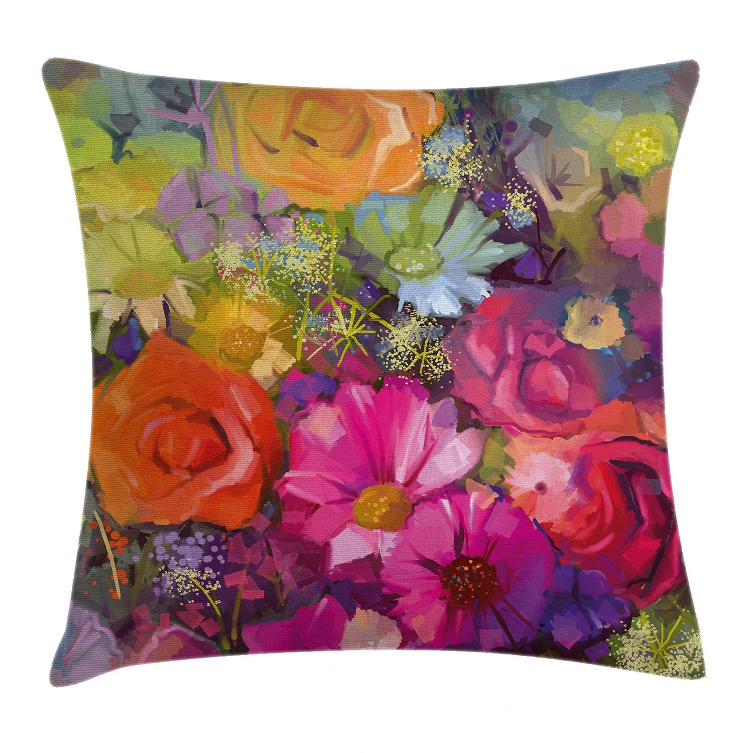 Ambesonne Floral Throw Pillow Cushion Cover, Vibrant Flower Bouquet with Daisy Peony Gerbera Petals Romantic Arrangement Print, Decorative Square