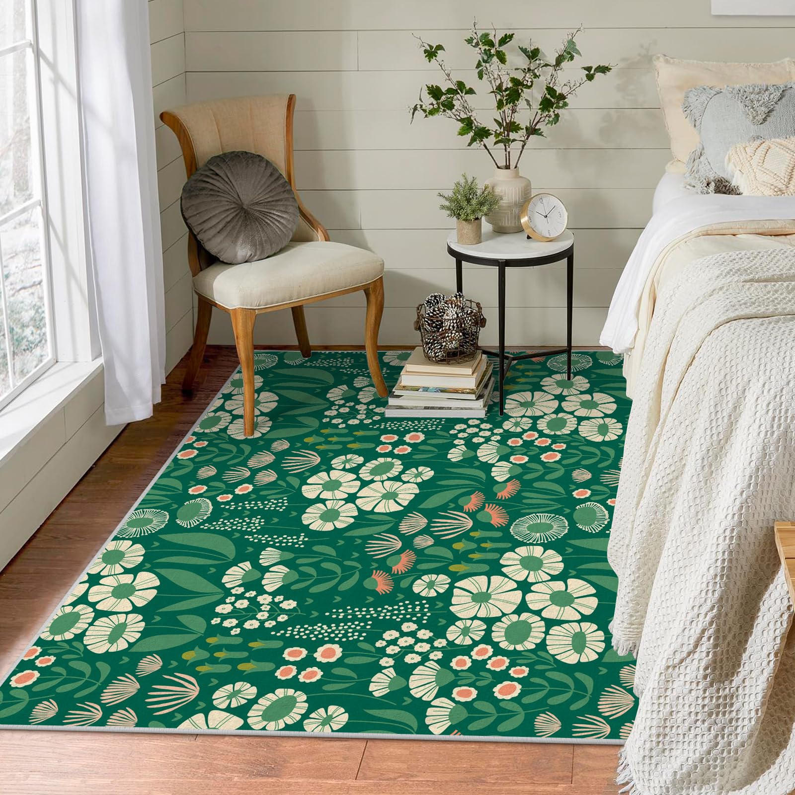 Amazon | 緑の花 ラグマット 120x160 植物柄 カーペット 洗濯機で  