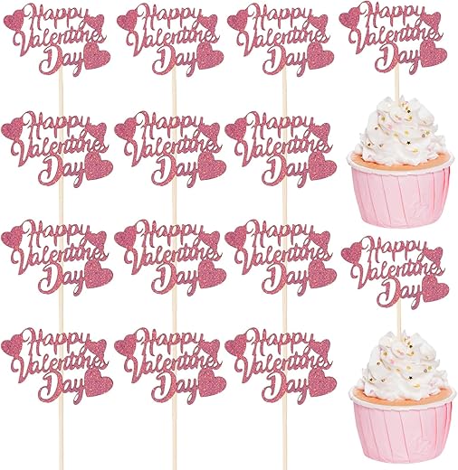 36Pcs Happy Valentine's Day Cupcake Toppers Pink Glitter Heart Valentine's Day Cupcake Picks Valentine's Day Theme Birthday Cake Decorations Party Supplies