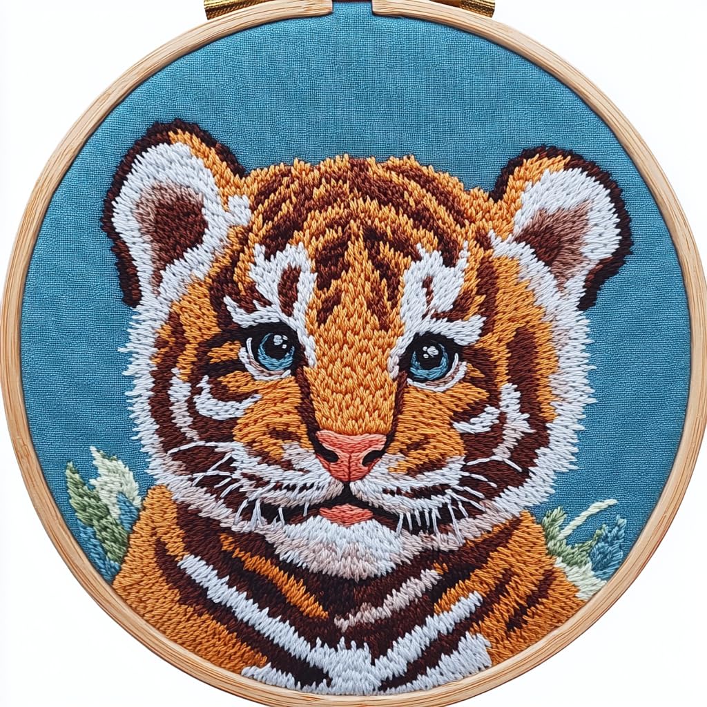 DIY Punch Needle Kits Cartoon Tiger Portrait with Hoop 20x20cm-1