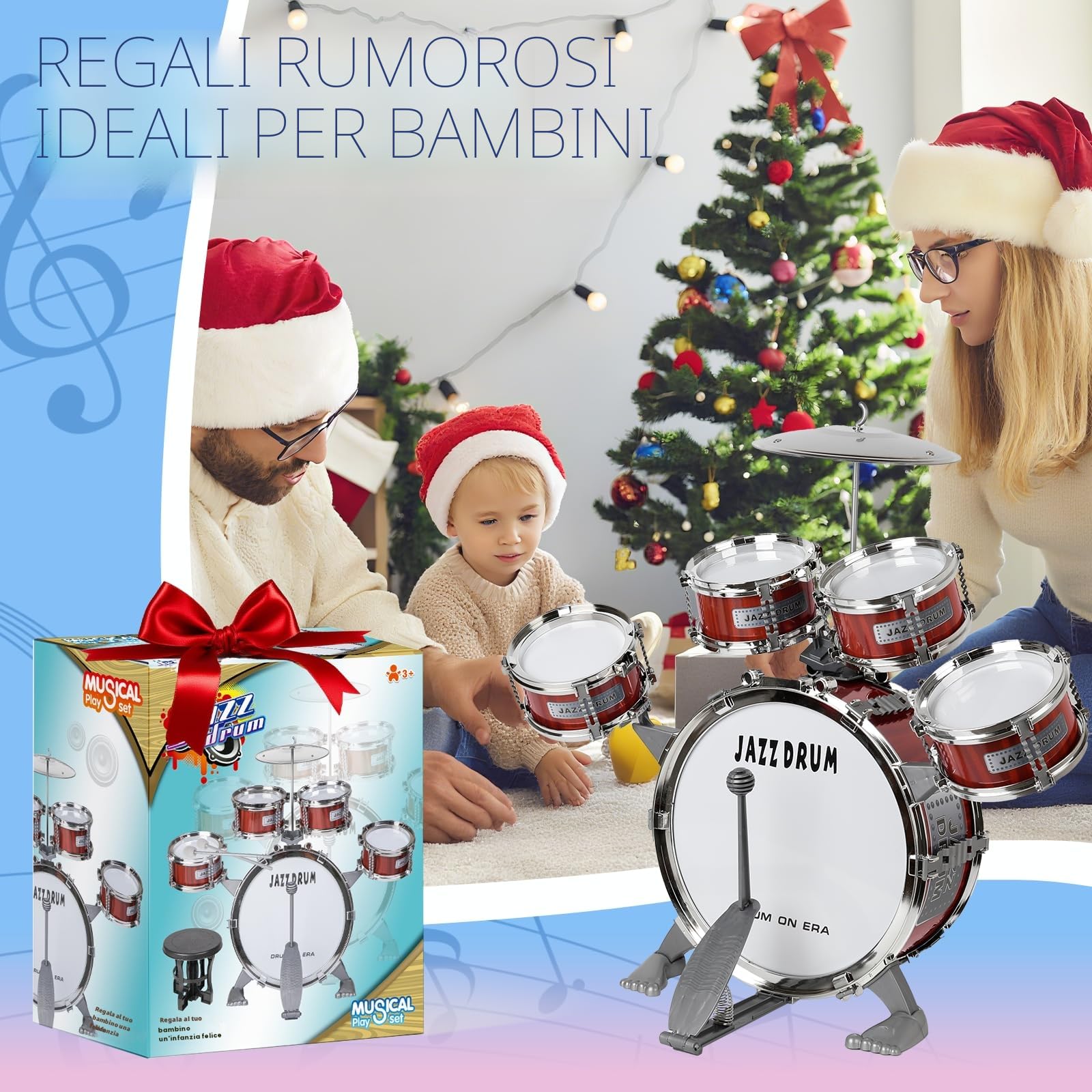m zimoon Kit Batteria Jazz Per Bambini, 5 Tamburi Con Sgabello Pedale E Bacchette Per Principianti Strumento Musicale Percussione Giocattolo Vacanze Compleanno Regalo Educativo Per Ragazzi E Ragazze