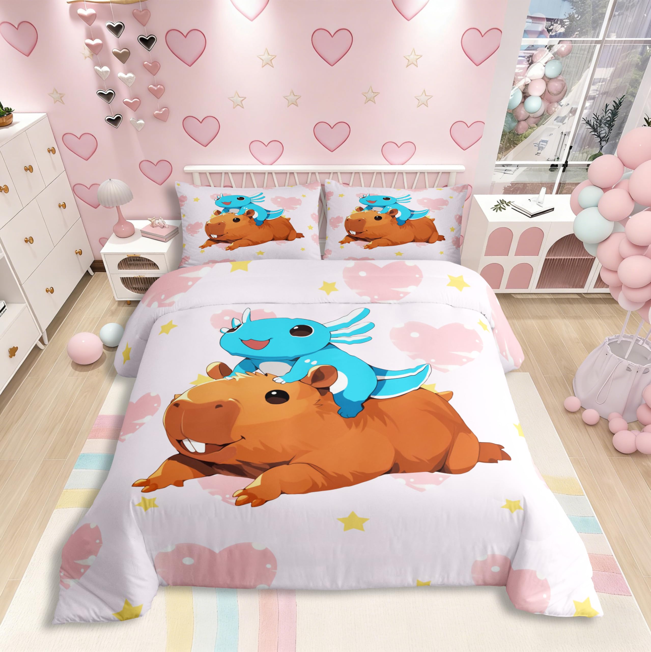 Homewish Cartoon Capybara und Axolotl Bettwäsche Axolotl Reitet Auf Einem Capybara Bettbezug Set 155x220cm für Kinder Herz Sterne Tiere Muster Bettwäscheset Lieblich Tierliebhaberin Bettset Raumdekor