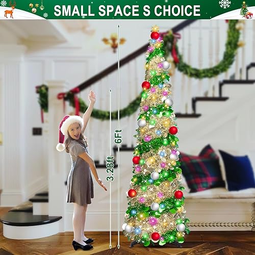 Miniatura 4 de Árboles de Navidad artificiales de 6 pies, árbol de Navidad artificial, plegable con temporizador, 100 luces, 15 bolas, lápiz de oropel, árbol de