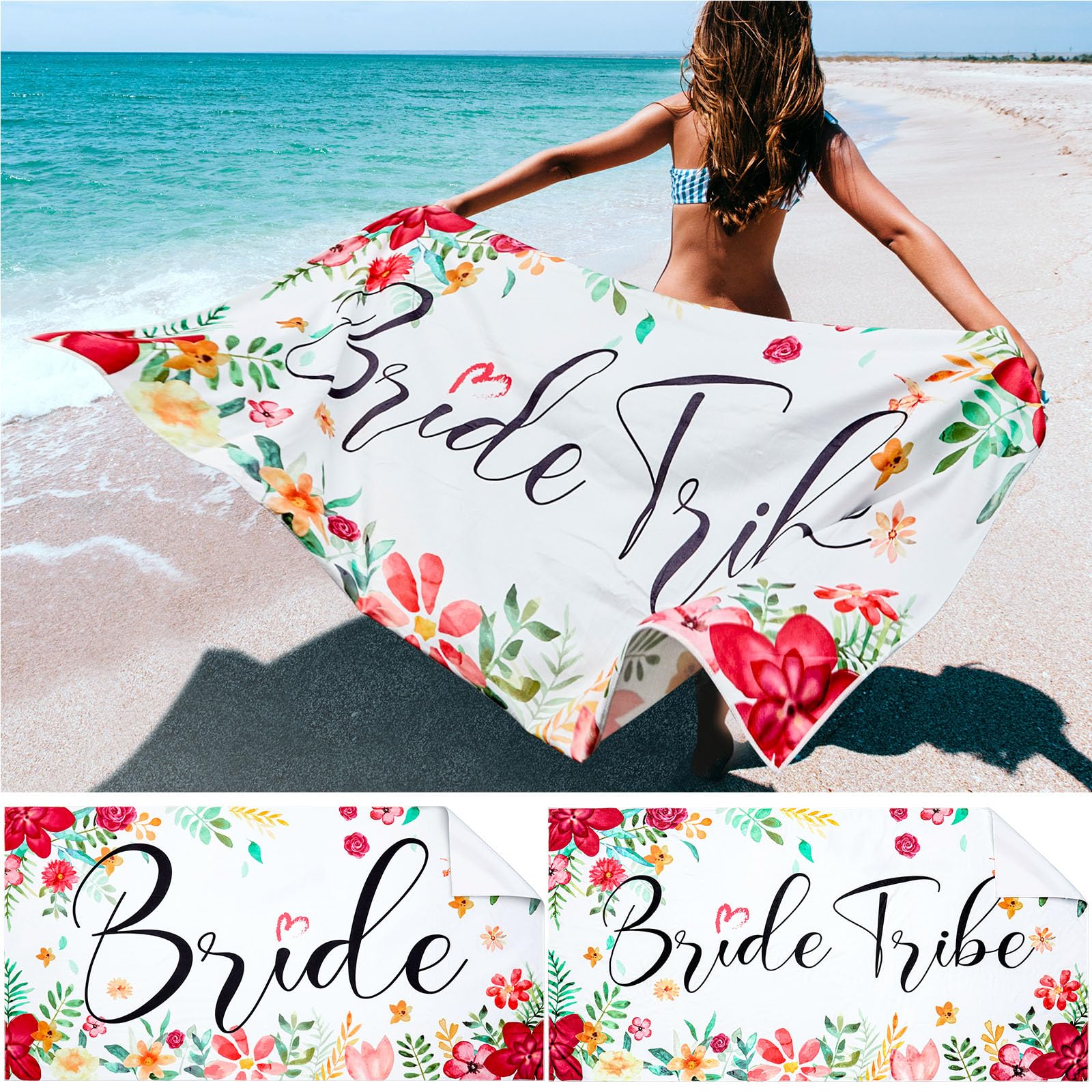 Mixweer 8 Pcs Bride Beach Towel Bridesmaids Beach Towel Set 60 x 30 Inch Bride Tribe Bridesmaid Gift for Wedding Honeymoon Bachelorette Engagement