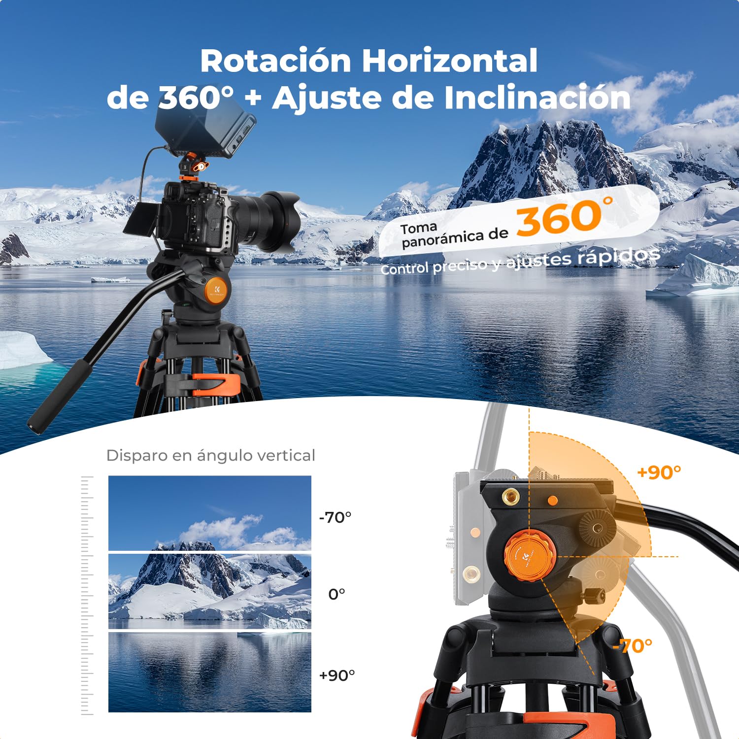 K&F CONCEPT Trípode Vídeo 202cm Tripode Proyector con Cabezal Fluido, Trípode Cámara de Aluminio de Alta Resistencia con Amortiguación de Fricción Suave para DSLR, Video cámara, Carga Máxima 8kg