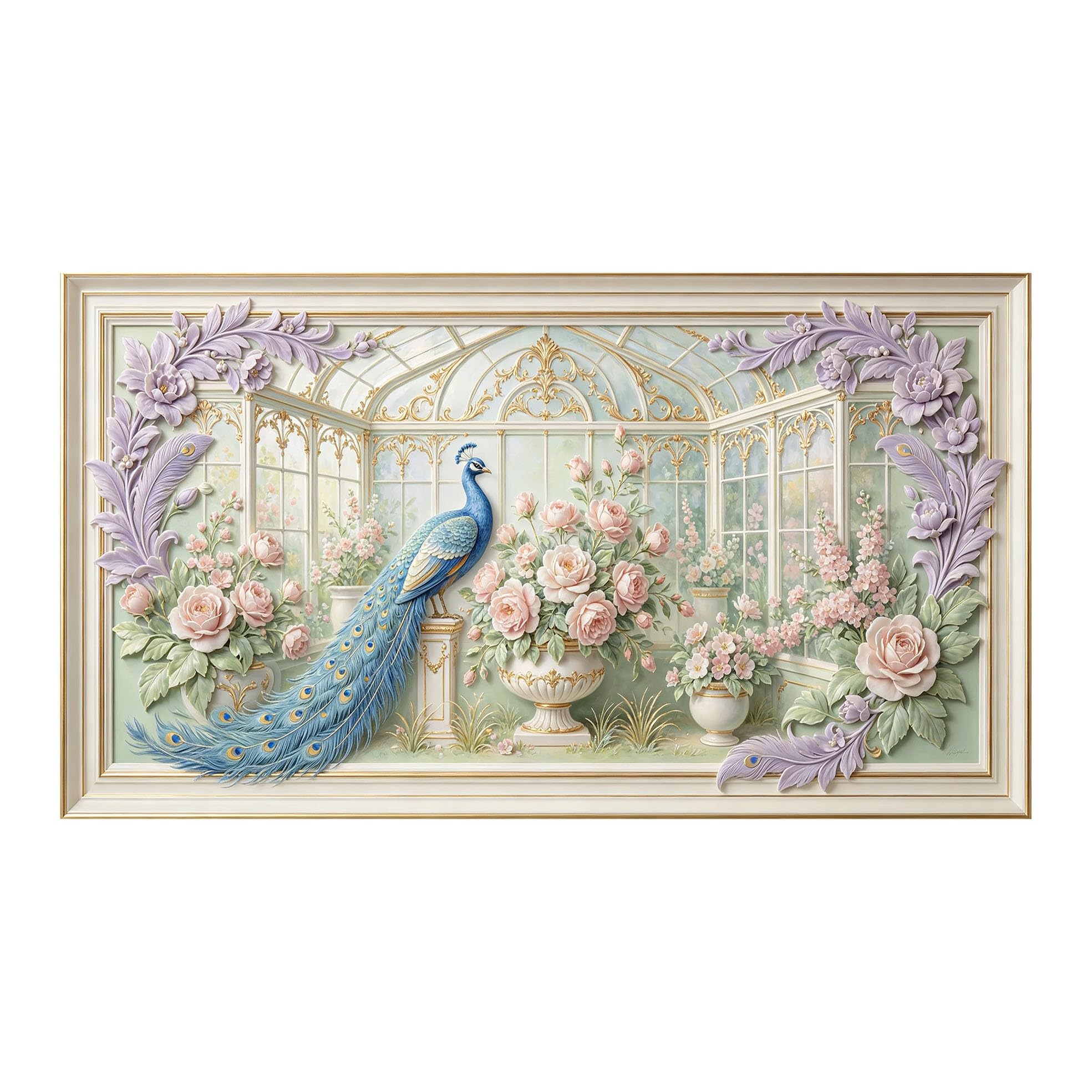 Yzpallescene 3D 3D Framed Wall Art 50cm×90cm Peacock Floral European Classic Neoclassical Large Size SelfAdhesive Removable Wall Decor Prints Artwork for Living Room Bedroom Office