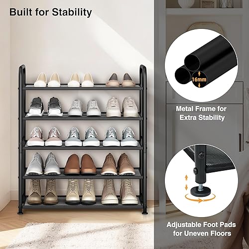 Miniatura 7 de STO STO Zapatero de 5 niveles con estantes de malla resistente, organizador de zapatos de metal resistente para entrada, armario, garaje, puerta
