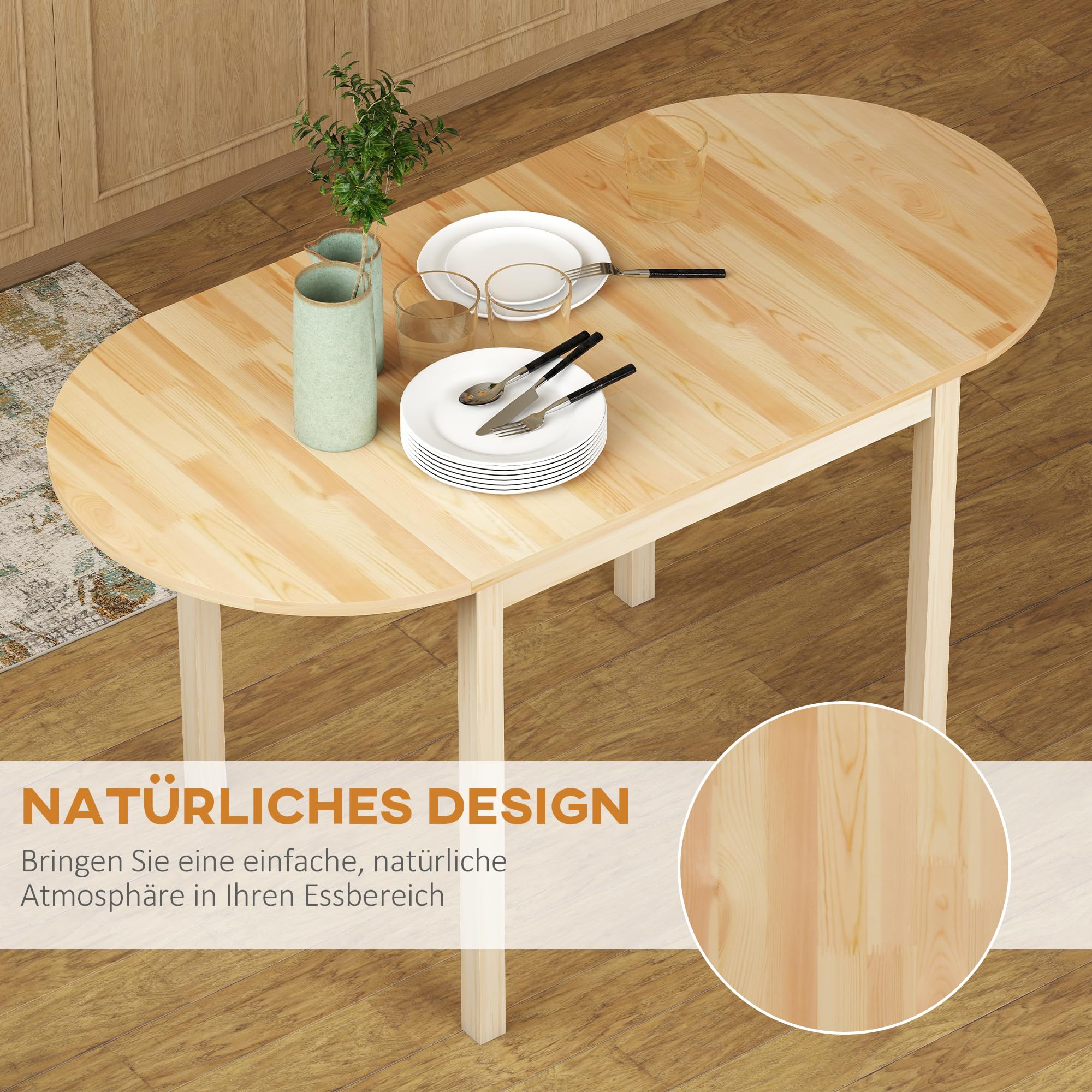 HOMCOM Esstisch aus Holz Klappbar Küchentisch für 6 Personen mit Drop-Leaf-Design Oval Klapptisch Esszimmertisch für Kleine Räume, Esszimmer, Küche 140 x 70 x 75 cm Naturholz