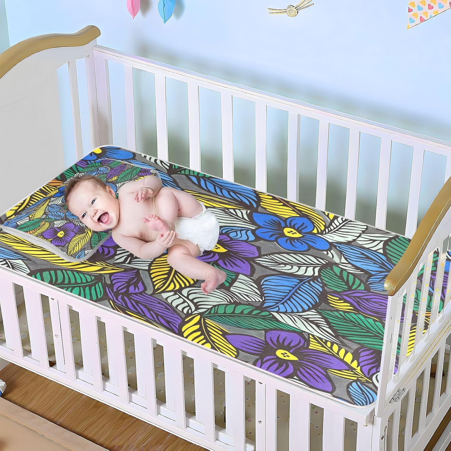 Cooling Baby Mattress Protector Crib 28" x 52" Absorbent Tropical Flower Purple Gray Pads for beds for Kids, Adult