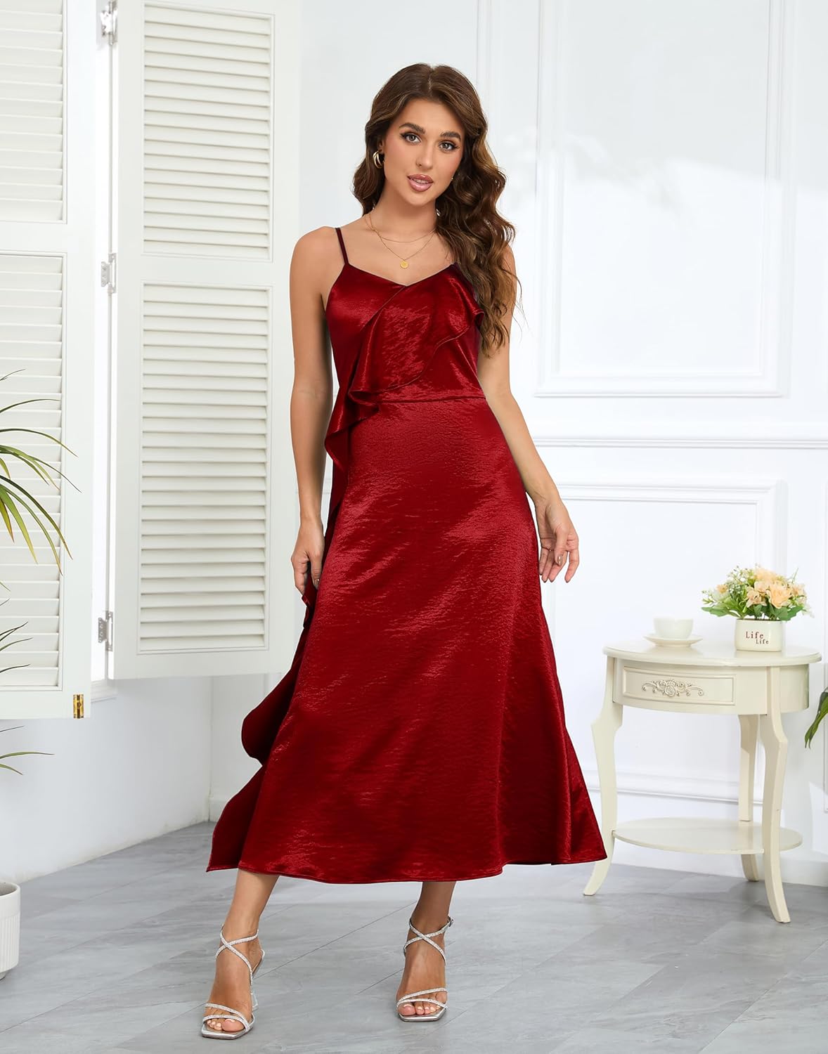 Women's Spaghetti Strap Midi Satin Silk Dresses Ruffle A Line Party Cocktail Evening Formal Dress - Image 7