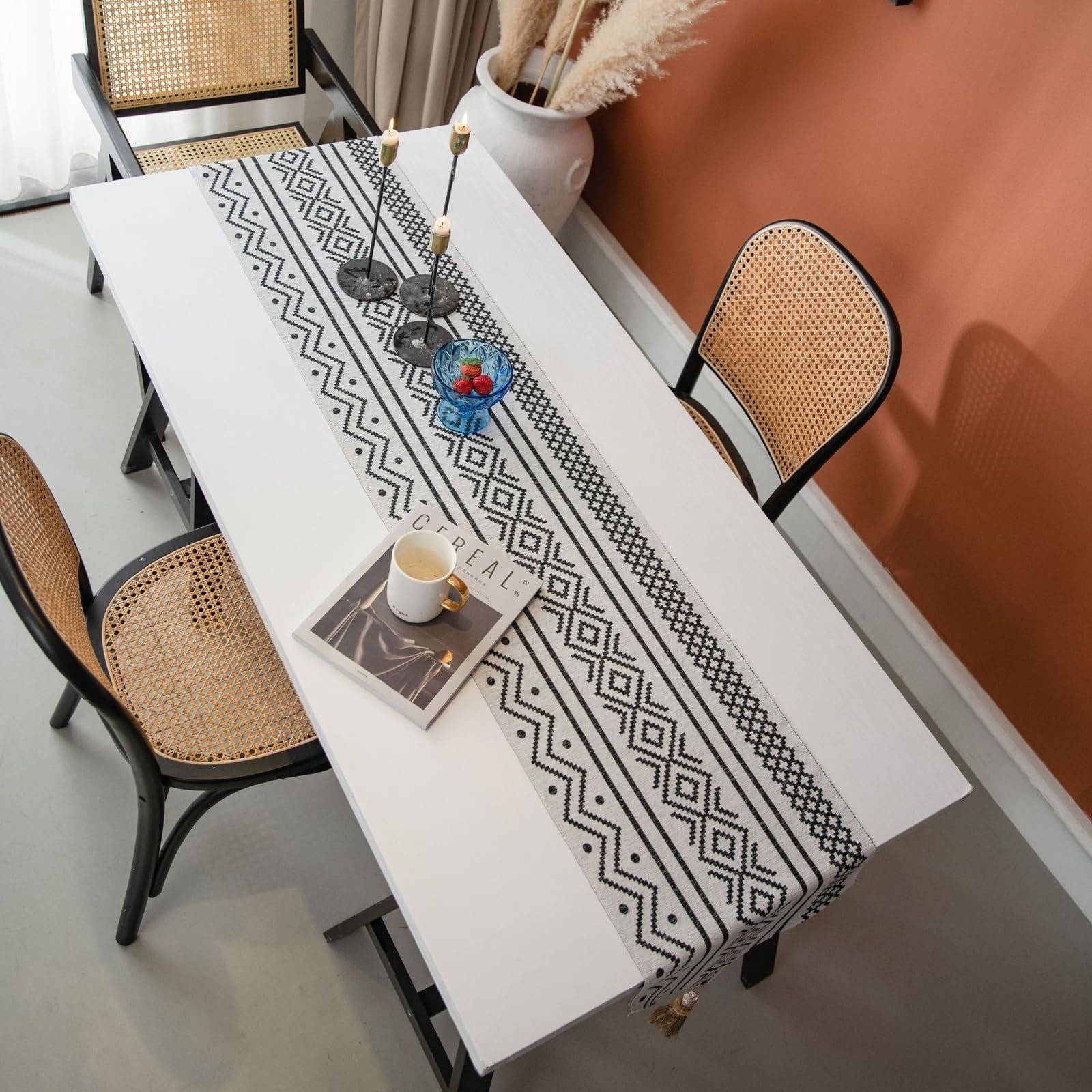 Tischläufer Polyester Modern, Tischläufer Landhausstil 35x200 cm, Jacquard mit Geometrische Muster und Quasten