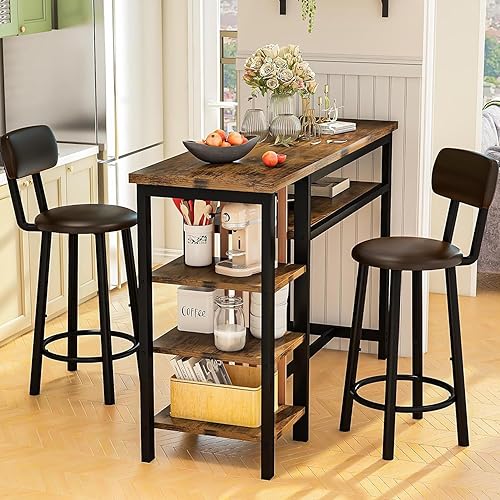 Recaceik Juego de mesa de comedor de bar de 47 pulgadas para 2, juego de mesa de bar y sillas de 3 piezas, juego de mesa de comedor de altura de