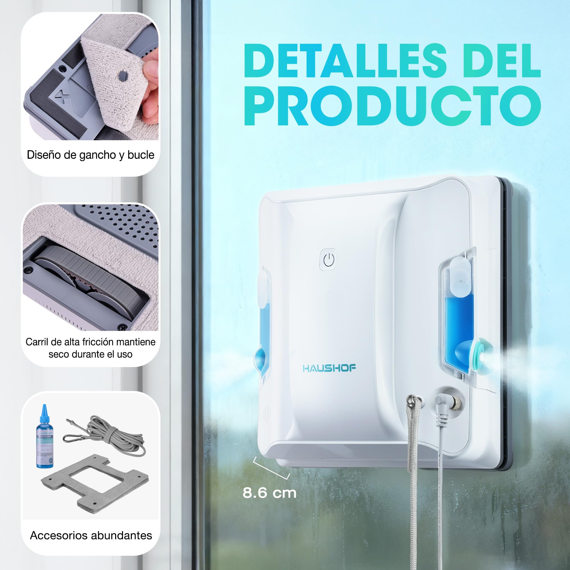 HAUSHOF Robot Limpiacristales Eléctrico 3800 Pa, Robot Limpia Cristales Ventanas | con Sistema de Pulverización Bidireccional, Navegación Inteligente, Seguridad Anticaídas, Mando, Sin Zonas Muertas