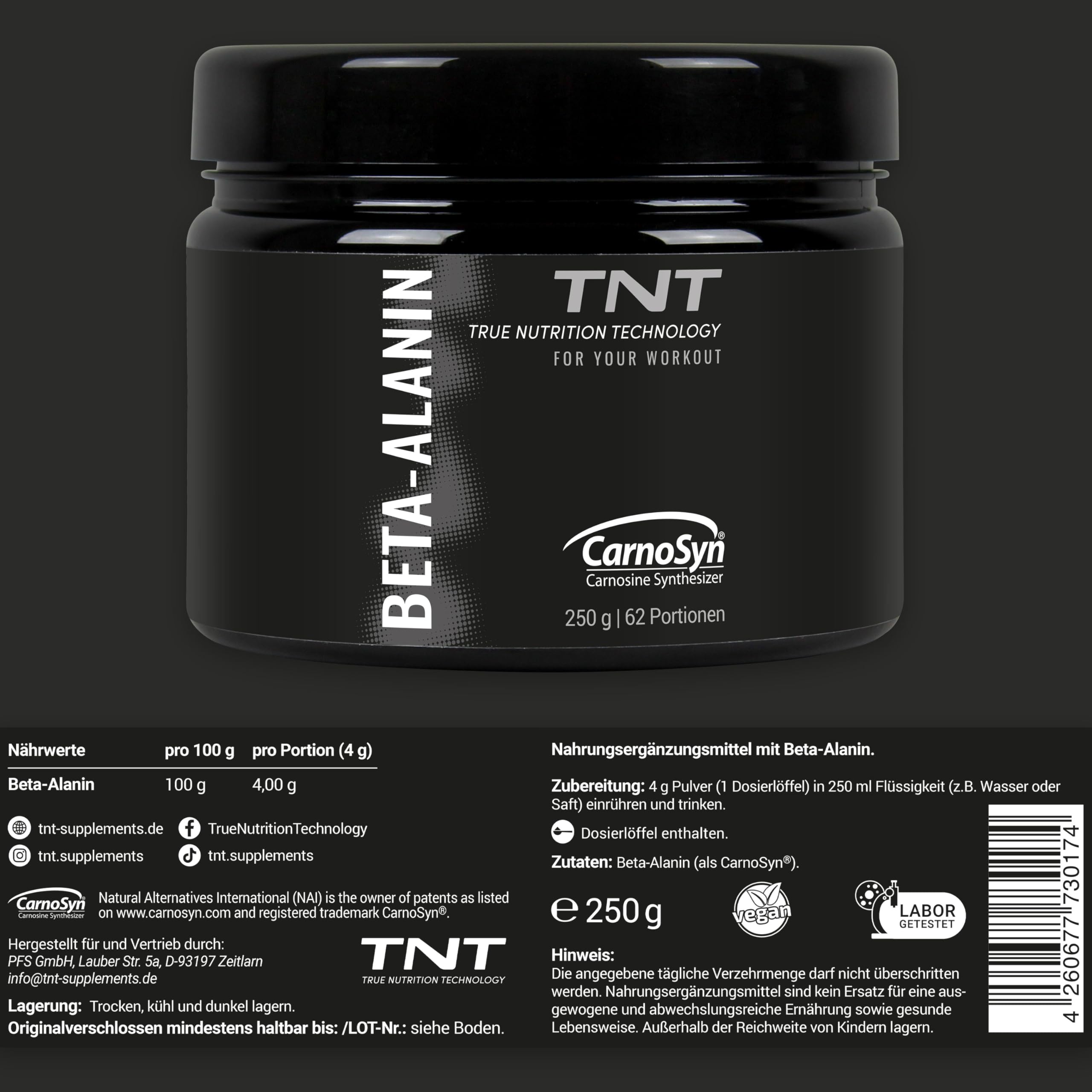 TNT Beta Alanin Pulver (250g) • Reines CarnoSyn® ohne Zusätze • 100% Vegan, hochwertig & laborgeprüft