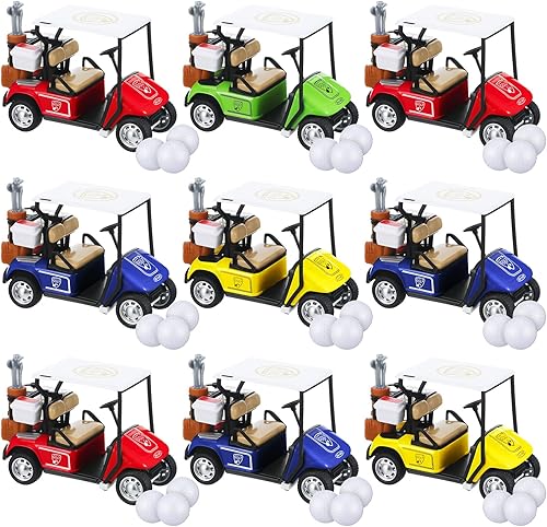 9 piezas de 5.3 pulgadas modelo de carrito de golf de juguete y 30 pelotas de práctica para fiestas de golf, centros de mesa, decoraciones para