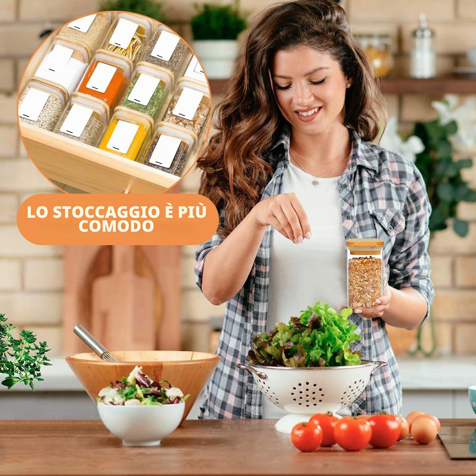 DYUEE 12 barattoli per spezie in vetro con coperchi in legno, 250 ml, quadrati, con etichette bianche e penna, contenitori ermetici in vetro per spezie, sale, zucchero, semi, noci