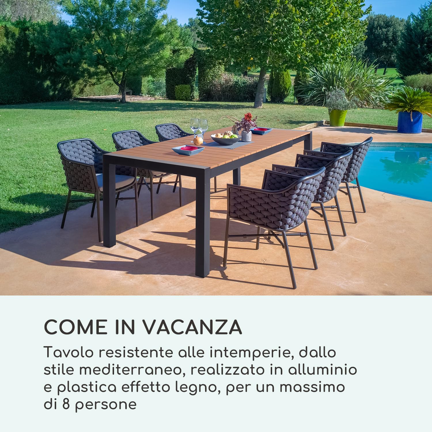 blumfeldt Menorca Expand - Tavolo da giardino, allungabile, alluminio/plastica imitazione legno, verniciato a polvere, gambe regolabili, superficie del tavolo max. 213 x 95 cm, chiaro/teak