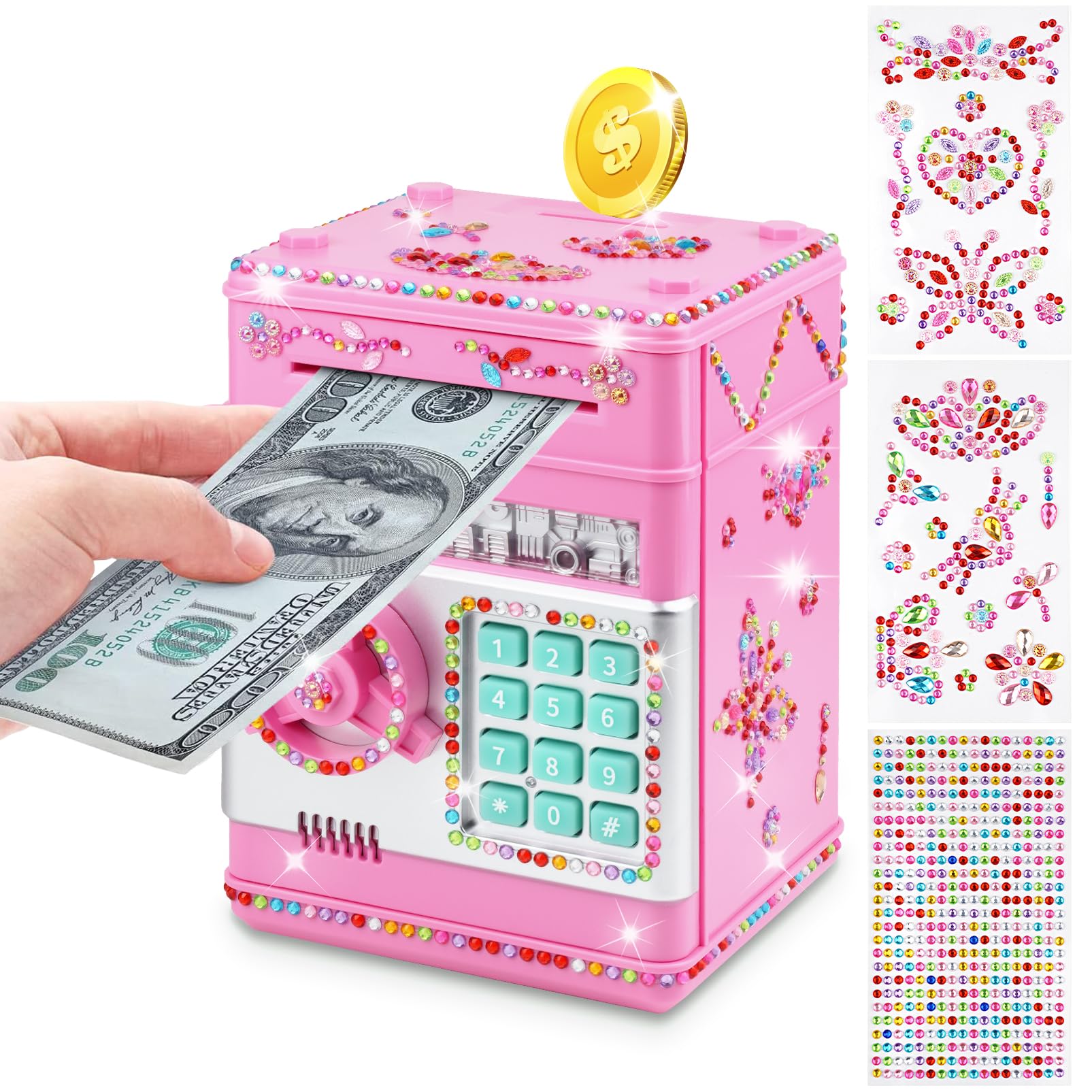 Piggy Bank for Kids Girls Boys with Password Code Lock Cash Coin Can Piggy Bank Girls Electronic Money Safe Bank for Kids Money Box with DIY Diamond Sticker Gift for 4 7 8 9 10 11 Year Old Boys