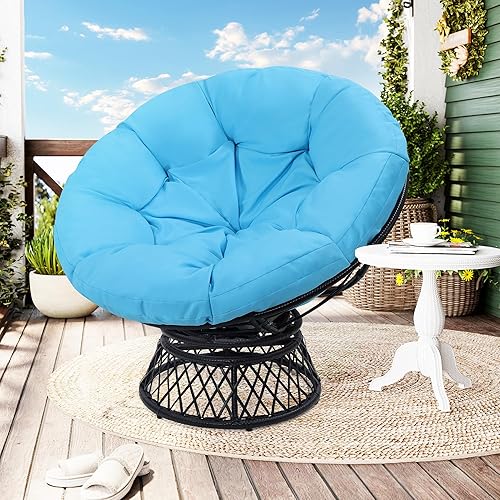 Miniatura 5 de Silla Papasan de ratán gigante de 44 pulgadas con cojín y marco para adultos, giratoria fluida de 360, impermeable, marco negro con cojín beige
