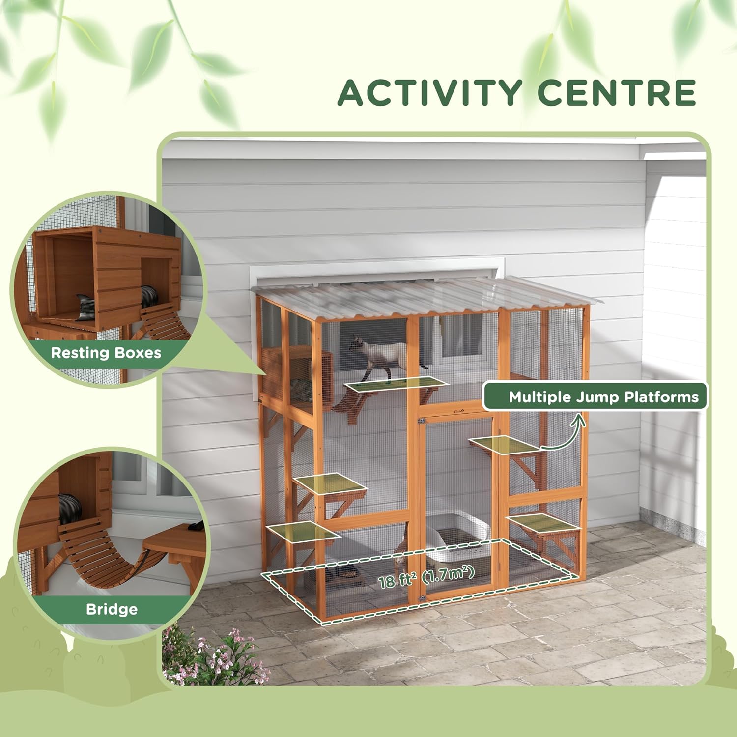 review PawHut Catio, Outdoor Cat Enclosure Window Box, Wooden Cat House Playground with Scratching Posts, Weather Protection Roof for 1-2 Kitties, Resting Boxes, 68