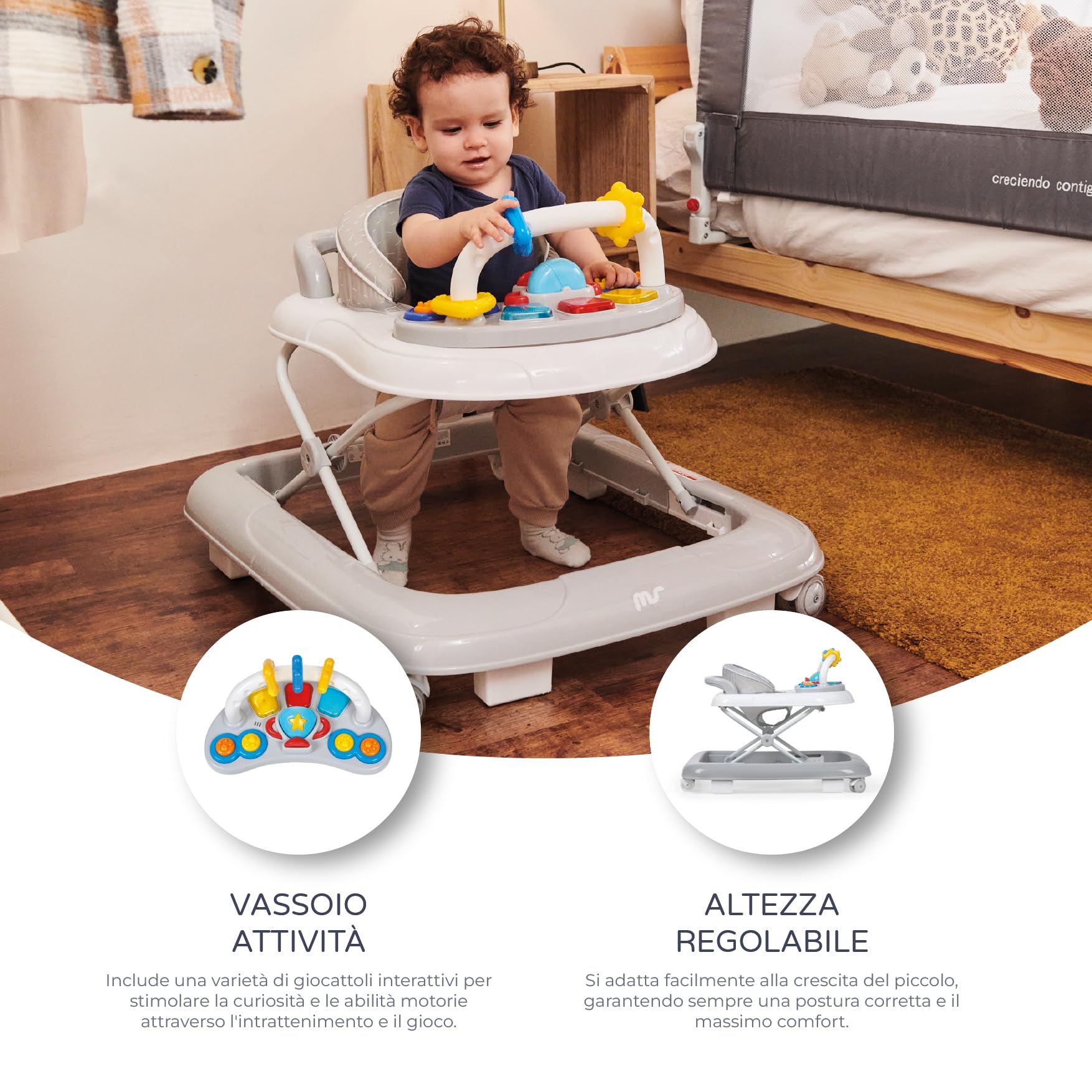 MS Baby World - Deambulatore per bebè Basic - Girello con Base antiribaltamento - Include vassoio sonoro e giochi