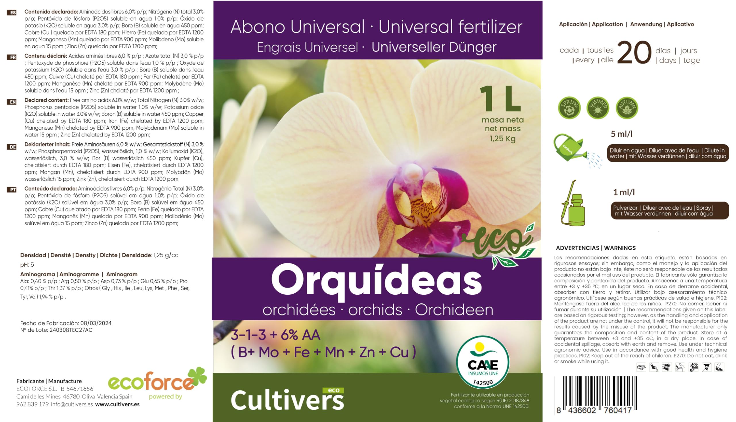CULTIVERS Organischer flüssiger Orchideendünger 5 L. Gesundes Wachstum, erhöhte Blüte und intensivere Farbe. Mit Makronährstoffen und Mikronährstoffen