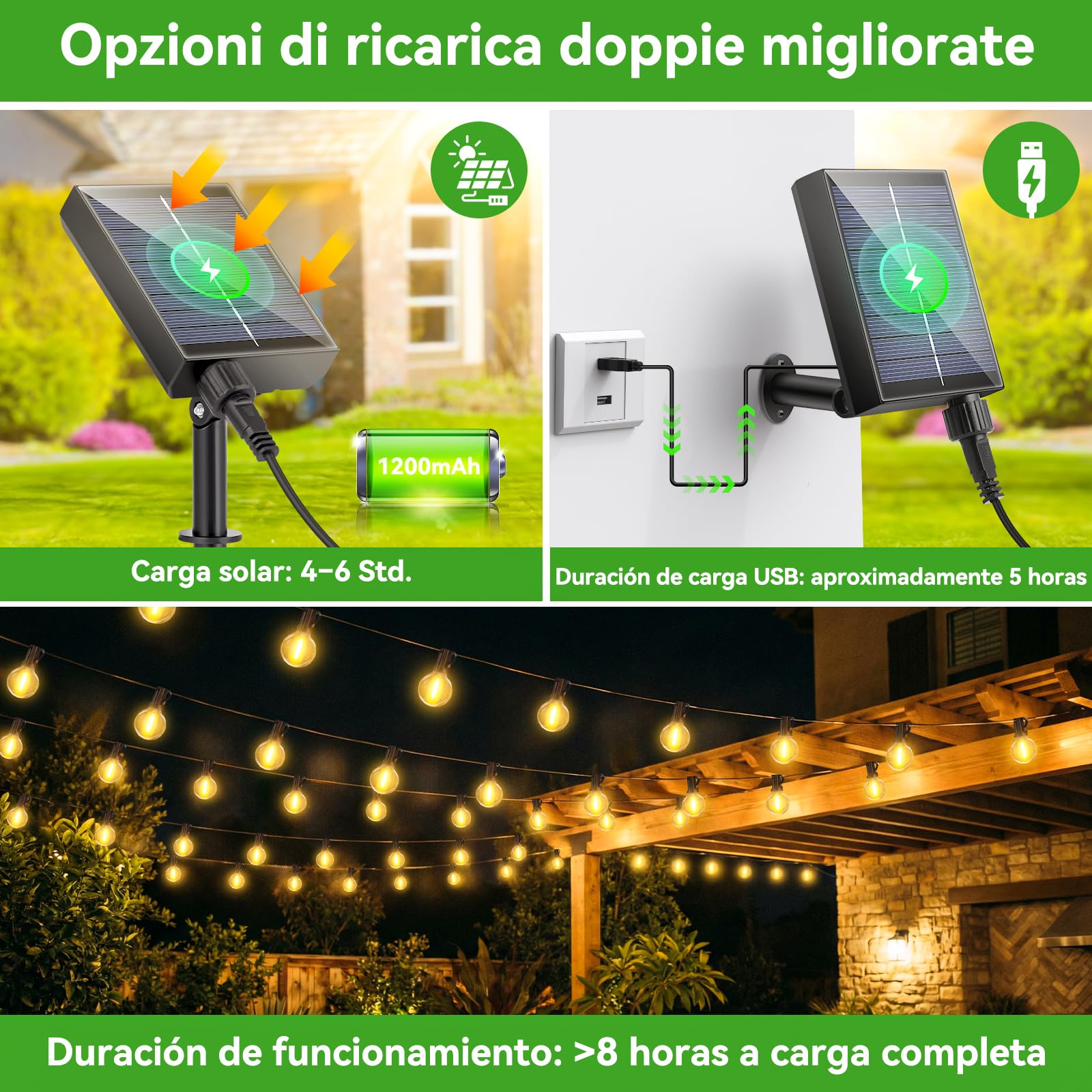 Catena Luminosa Esterno Giardino Solare - Luci da Esterne 15M/50FT Solari Dimmerabile Impermeabile con LED G40 Lampadine per Esterne Illuminazione Gazebo Patio Balcone